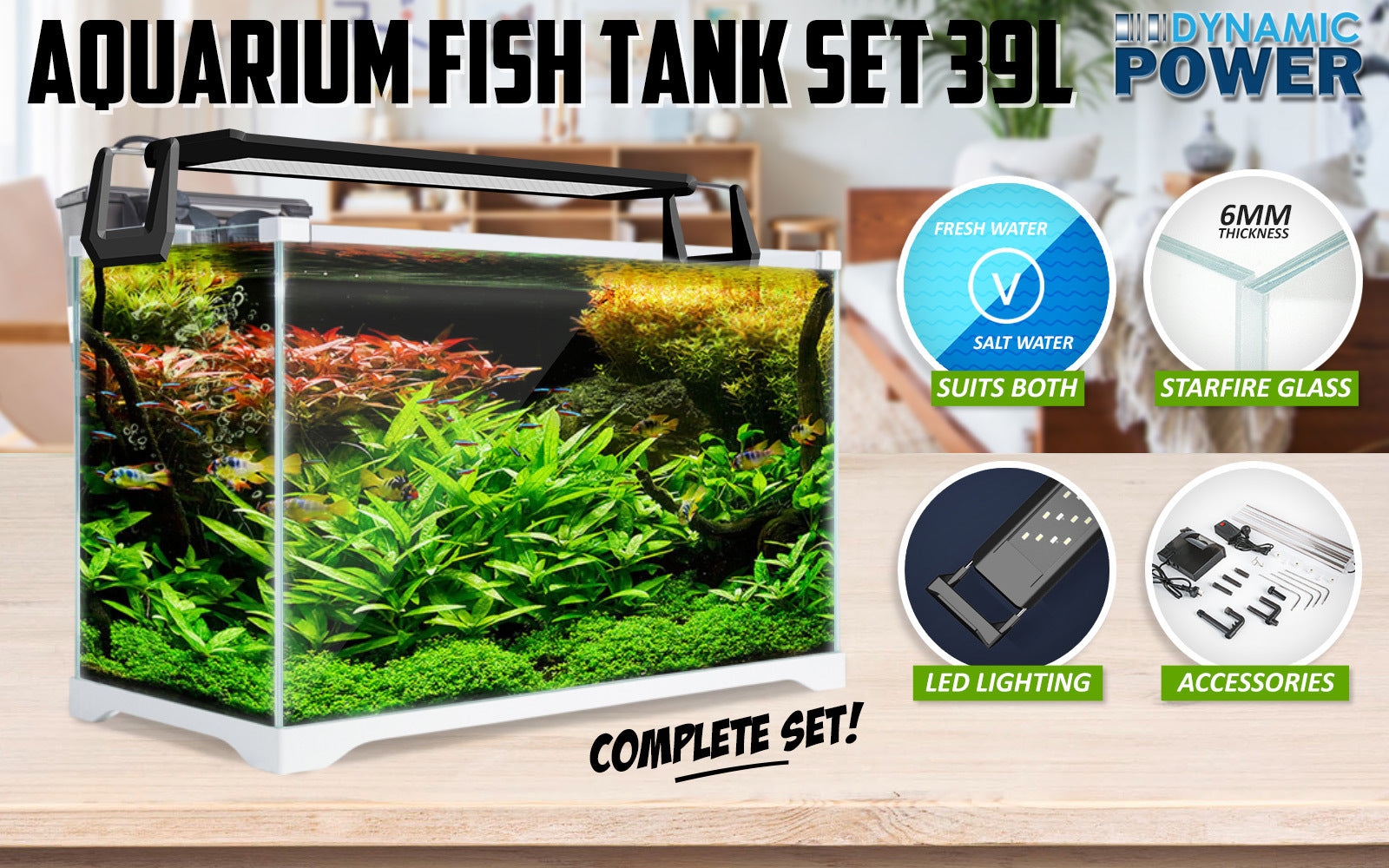 39L Starfire Glass Aquarium Set w/LED & Filter - Dynamic Power