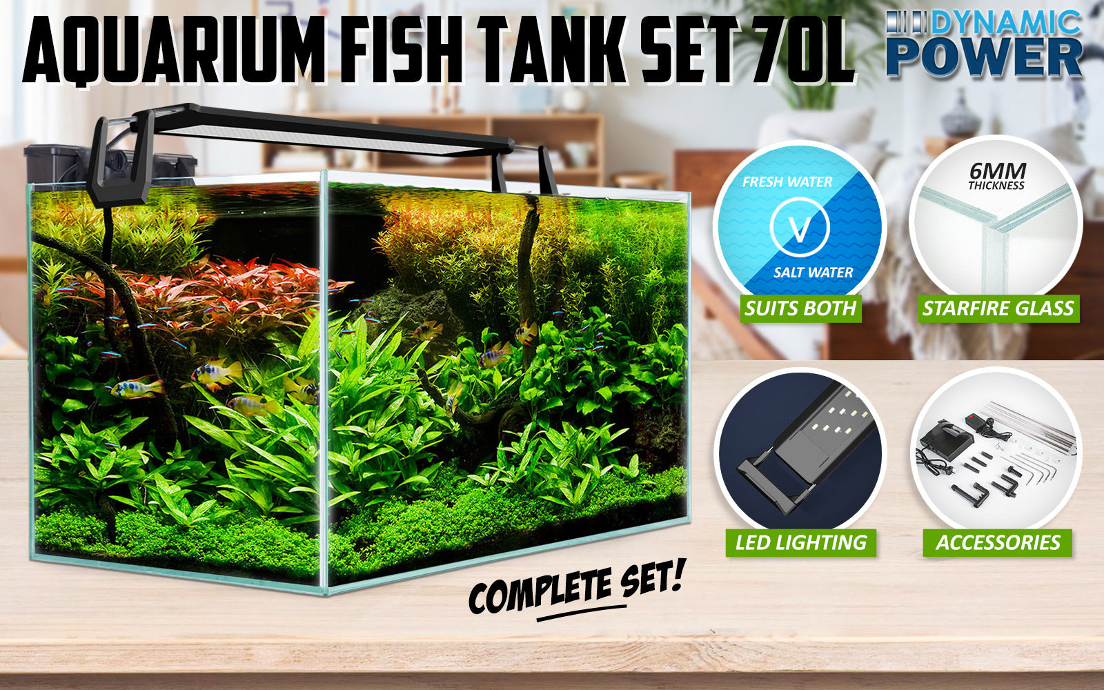 70L Starfire Glass Aquarium Set, LED Light, Filter - Dynamic Power