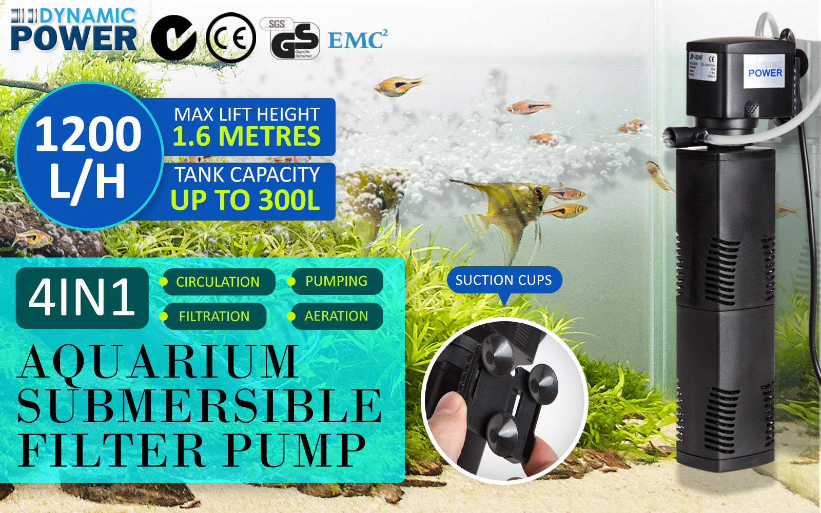 3-in-1 Submersible Aquarium Filter Pump 1200L/H 22W - Dynamic Power