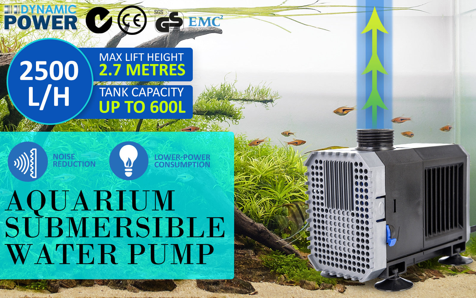 Energy Efficient Submersible Aquarium Water Pump 2500L/H 45W