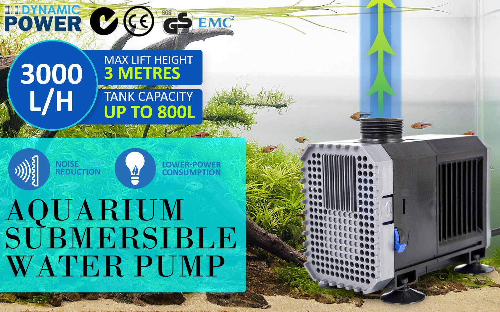 Adjustable 3000L/H Submersible Water Pump, 55W, PVC, Stainless Steel - Dynamic Power