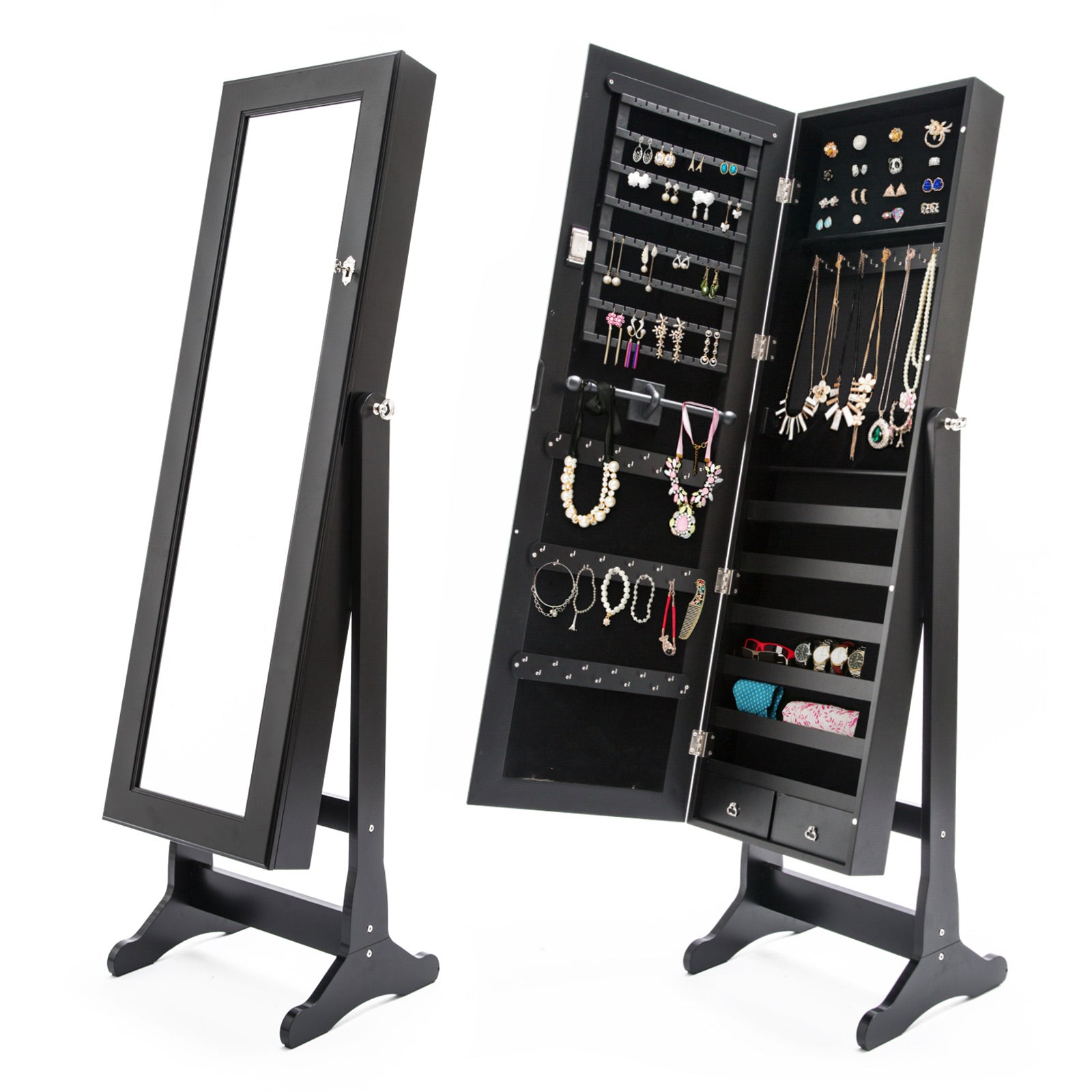 Lockable Black Mirror Jewellery Cabinet, 2 Drawers, 146cm La Bella