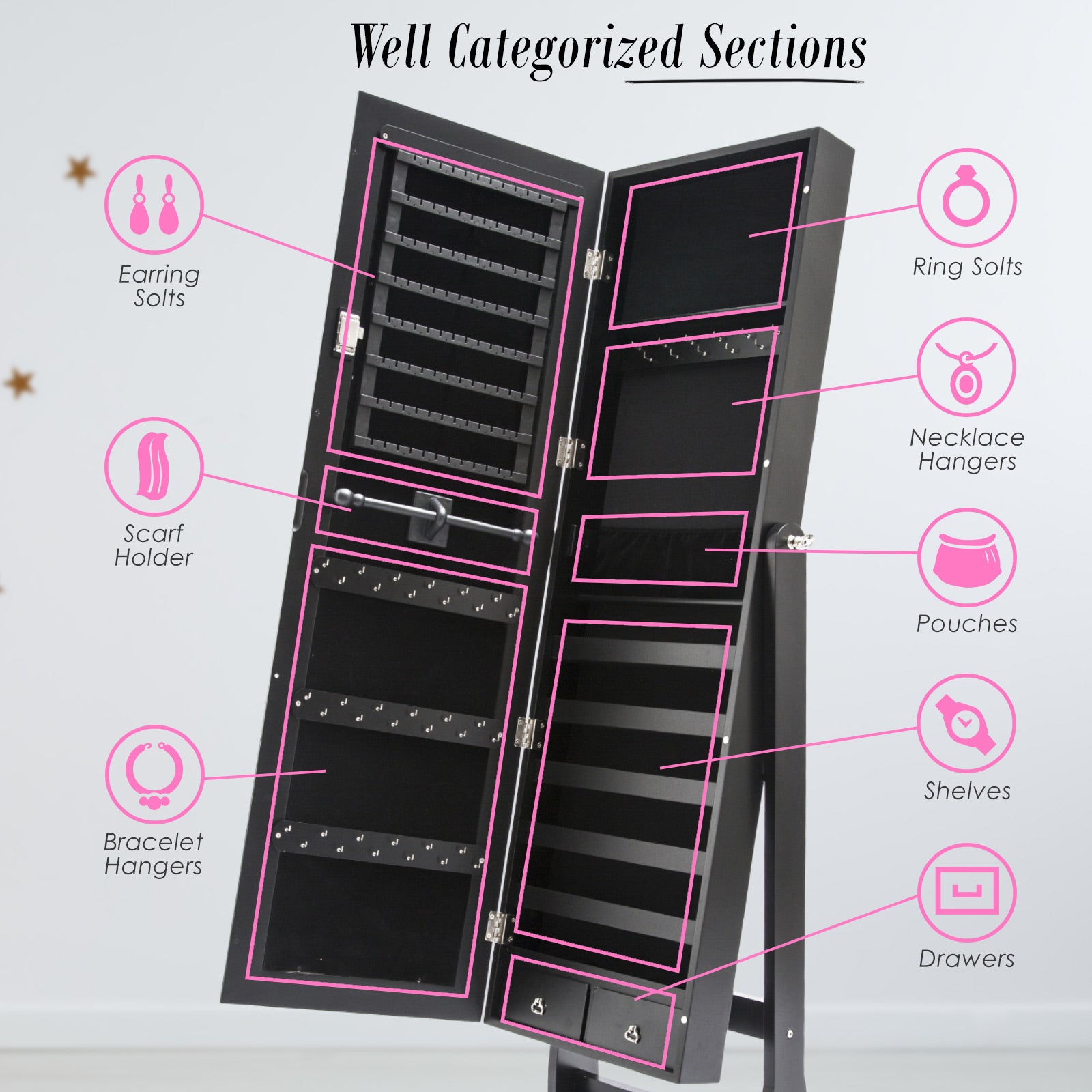 Lockable Black Mirror Jewellery Cabinet, 2 Drawers, 146cm La Bella