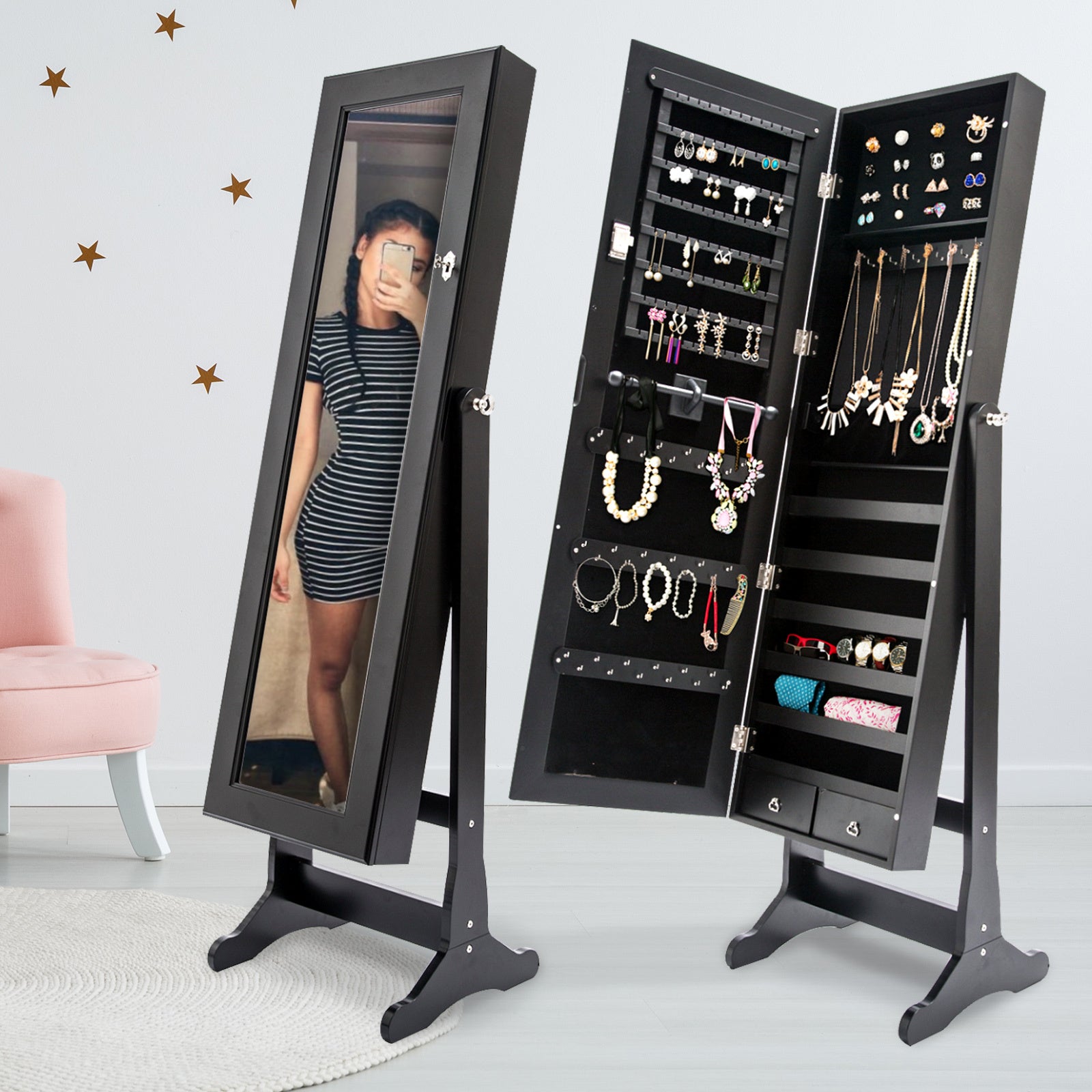 Lockable Black Mirror Jewellery Cabinet, 2 Drawers, 146cm La Bella