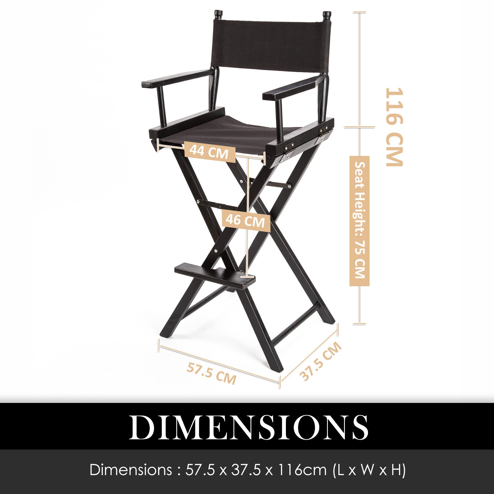 2x 75cm Tall Folding Director Chairs, Beech, Oxford Black-La Bella