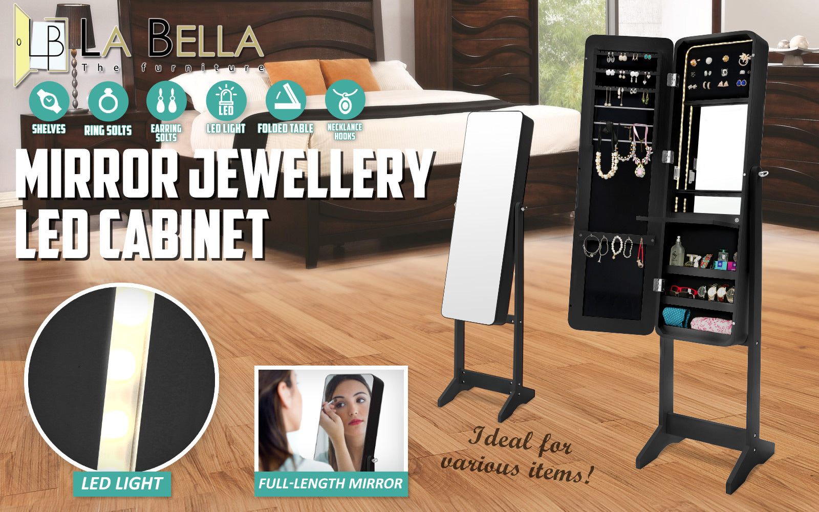 LED Mirror Jewellery Cabinet Organiser with Hooks, La Bella