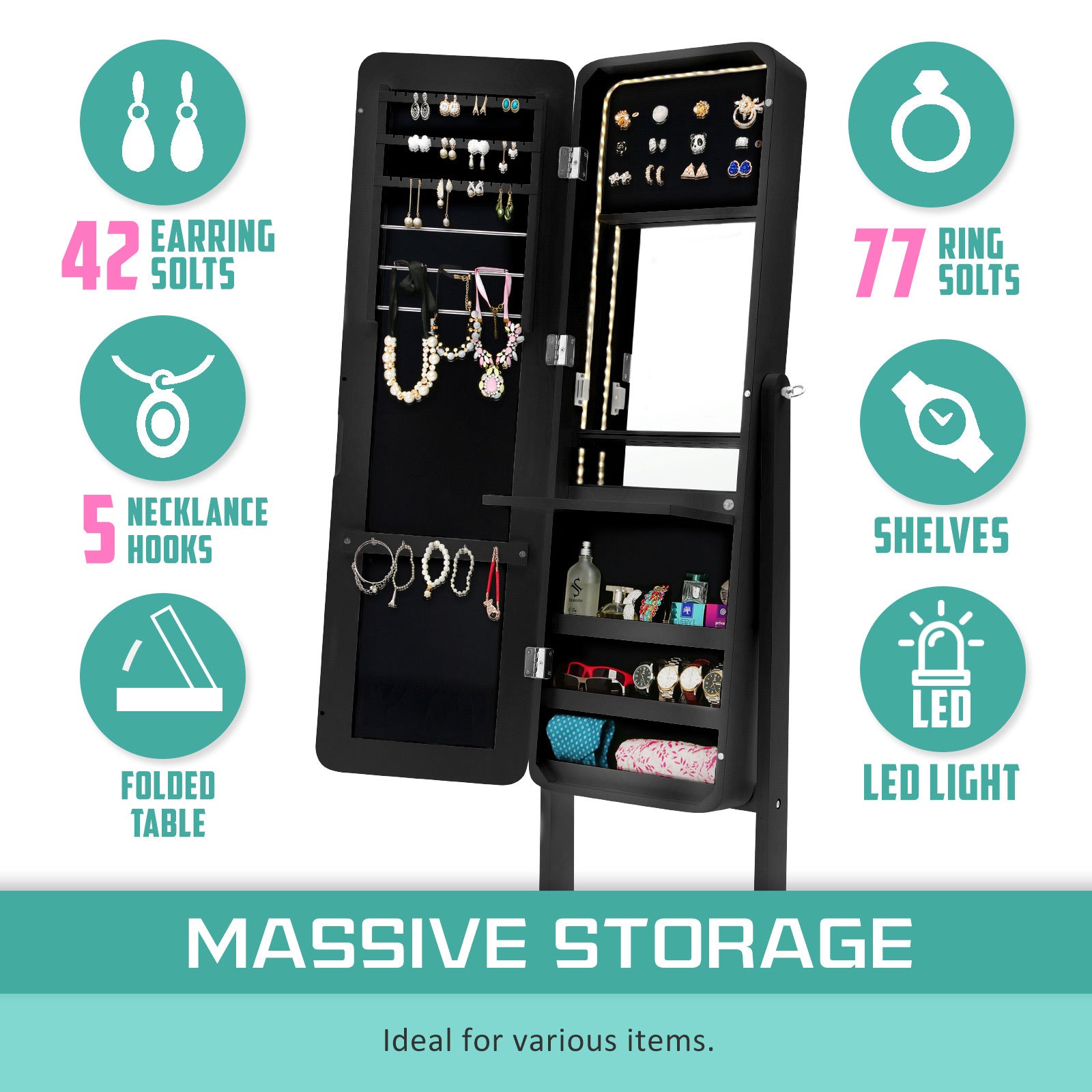 LED Mirror Jewellery Cabinet Organiser with Hooks, La Bella