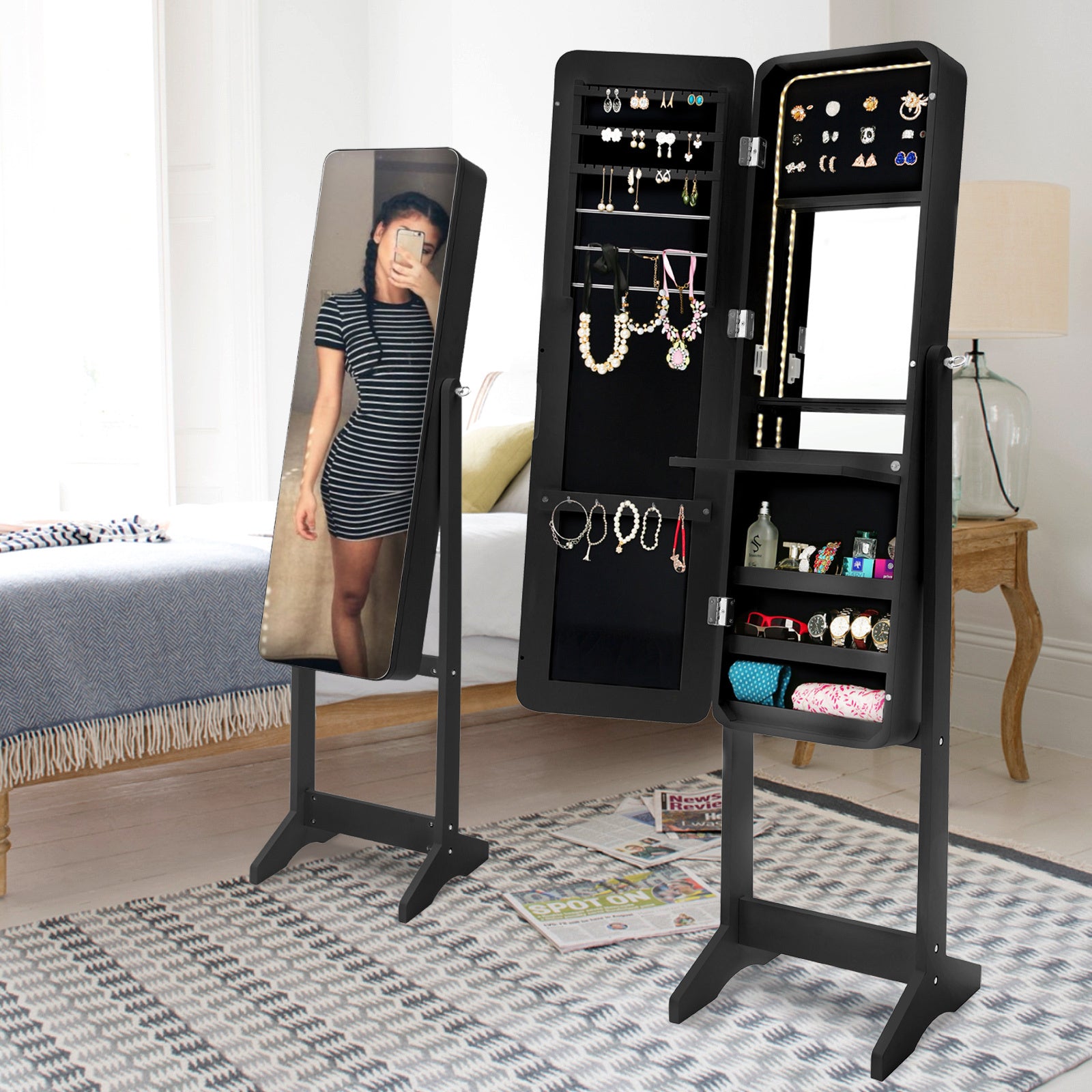 LED Mirror Jewellery Cabinet Organiser with Hooks, La Bella