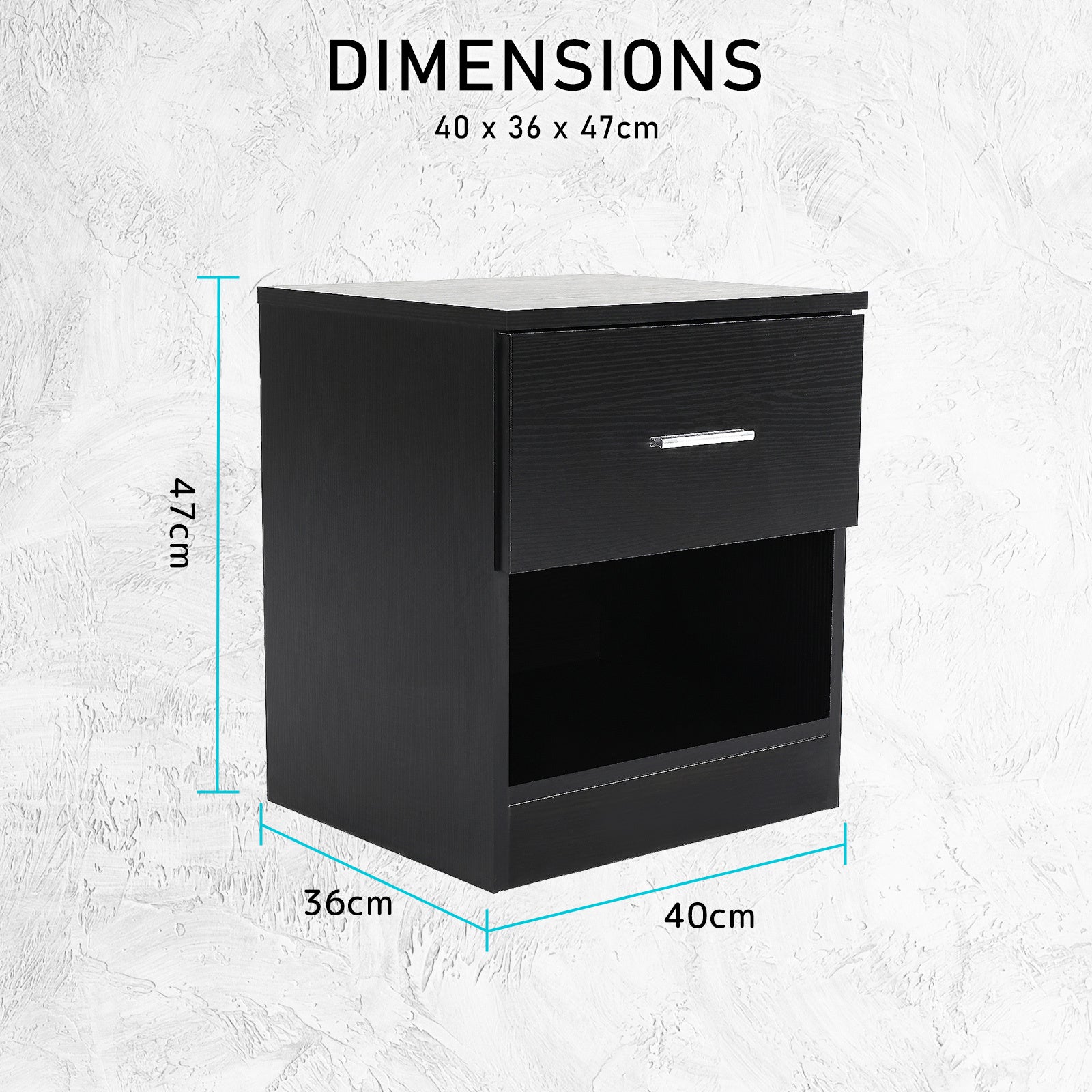 Black Bedside Table with Drawer & Shelf, E1 MDF, La Bella