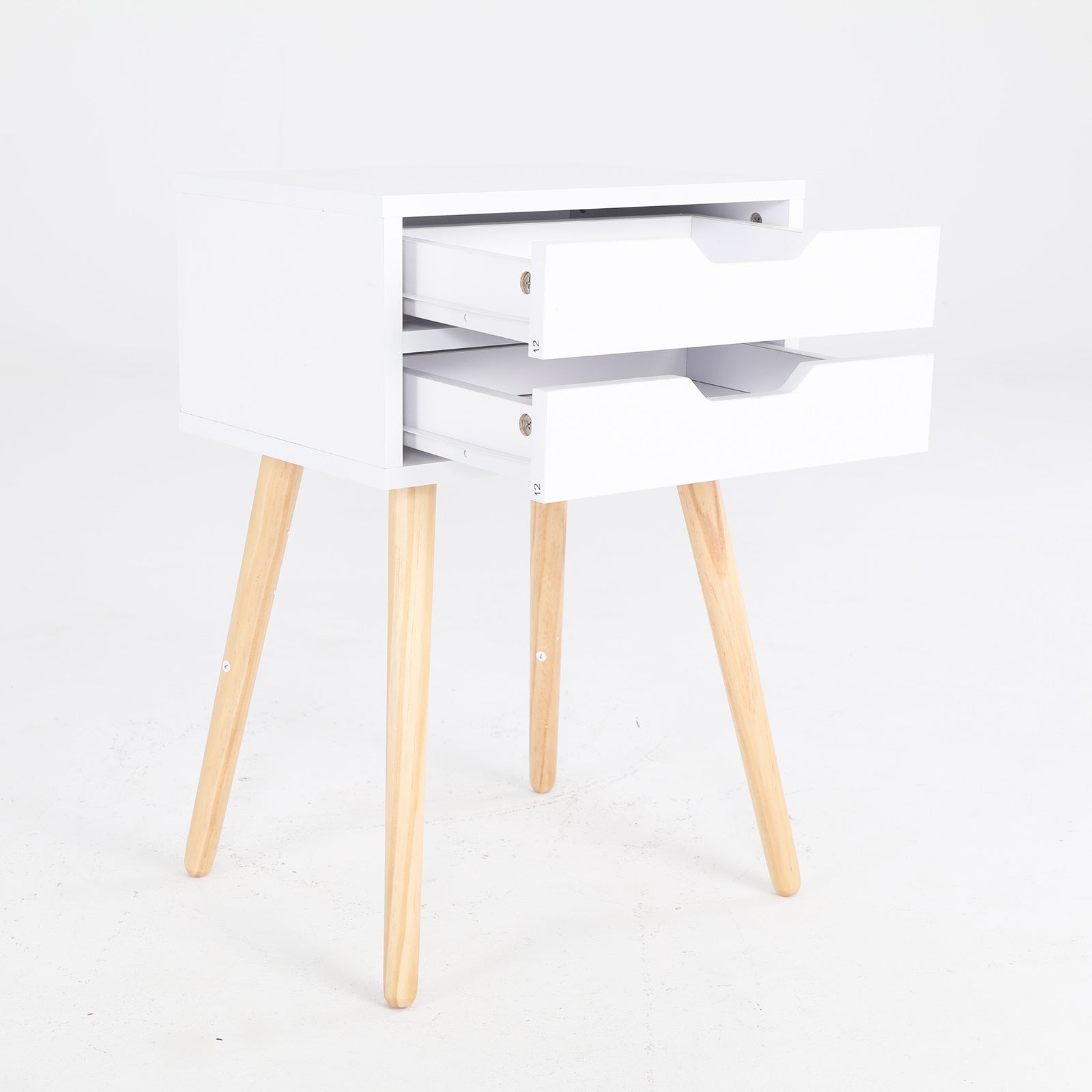 White 2-Drawer Bedside Table, MDF, Pine Legs, La Bella