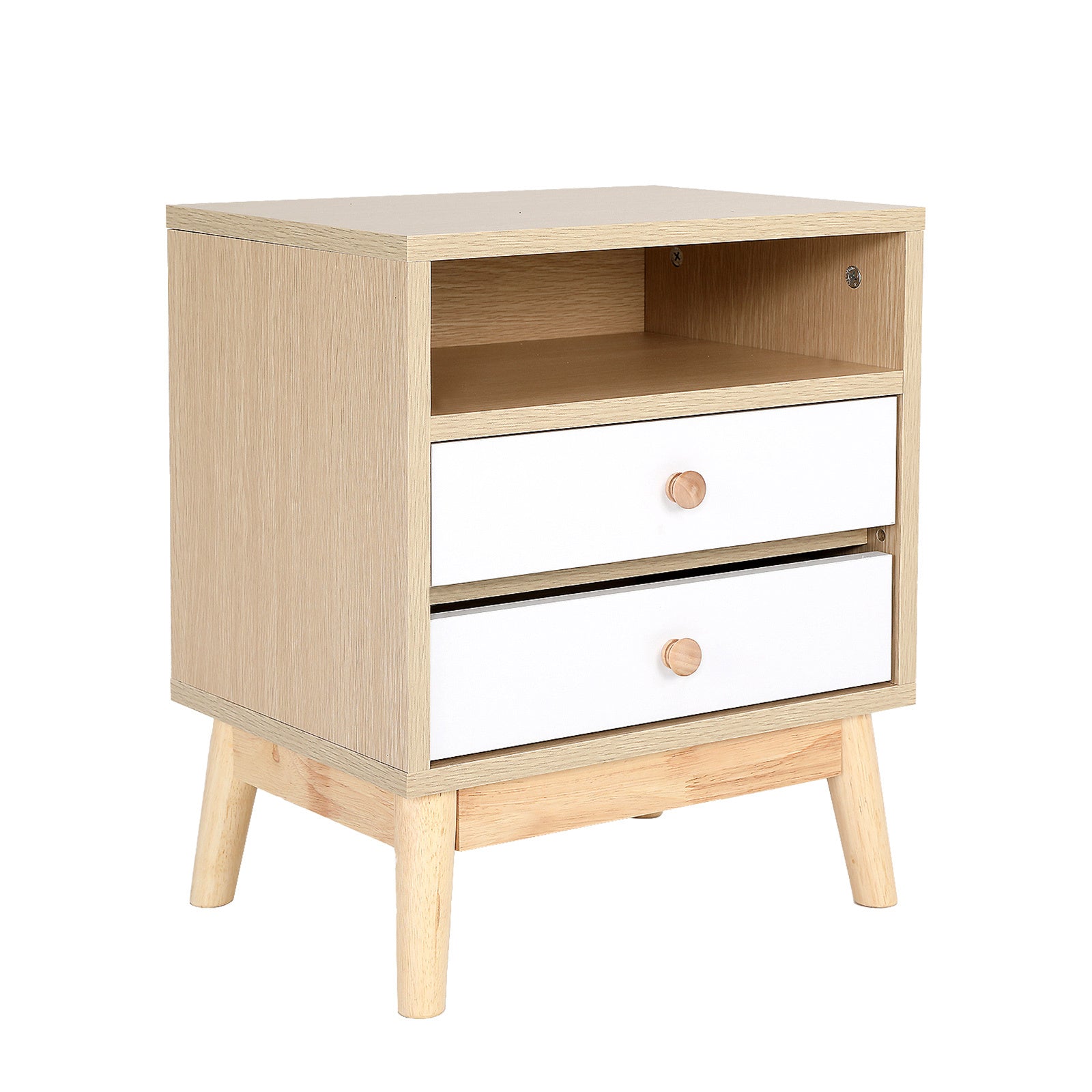 2-Drawer Bedside Table w/Shelf, Rubberwood Legs, Oak - La Bella