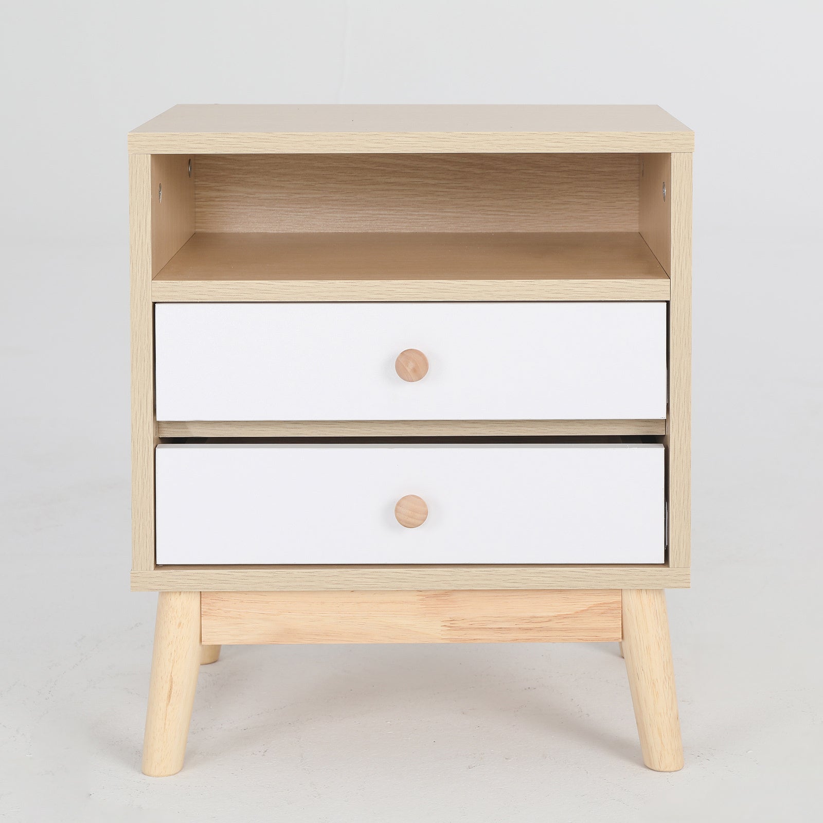 2-Drawer Bedside Table w/Shelf, Rubberwood Legs, Oak - La Bella