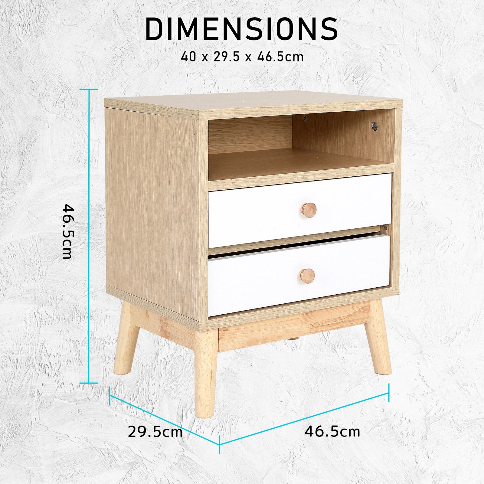 2-Drawer Bedside Table w/Shelf, Rubberwood Legs, Oak - La Bella