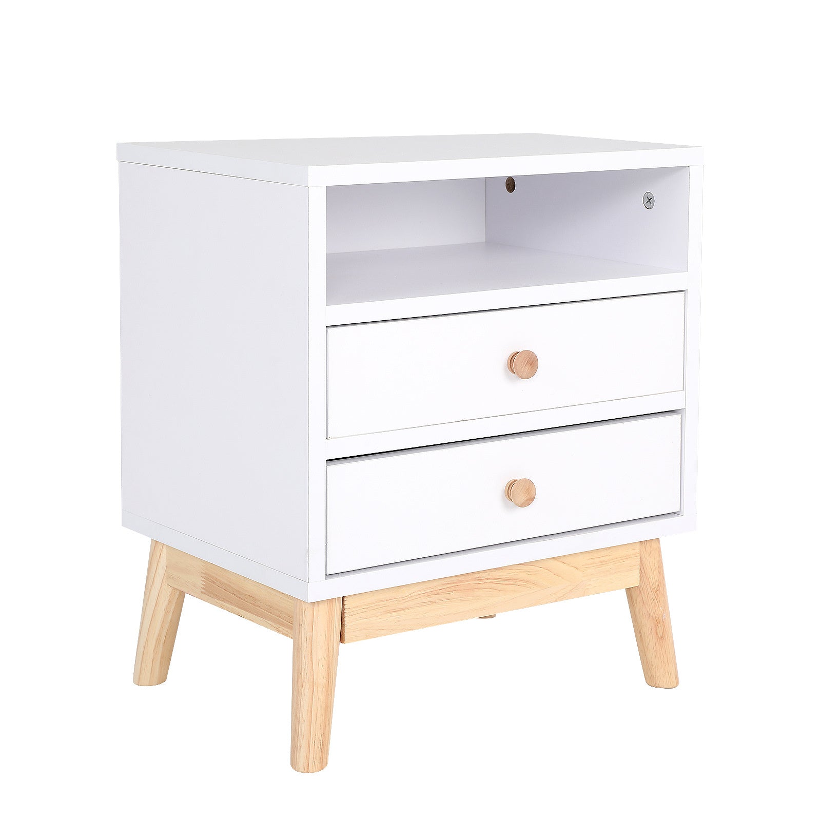 White 2-Drawer Bedside Table with Shelf, Rubberwood Legs