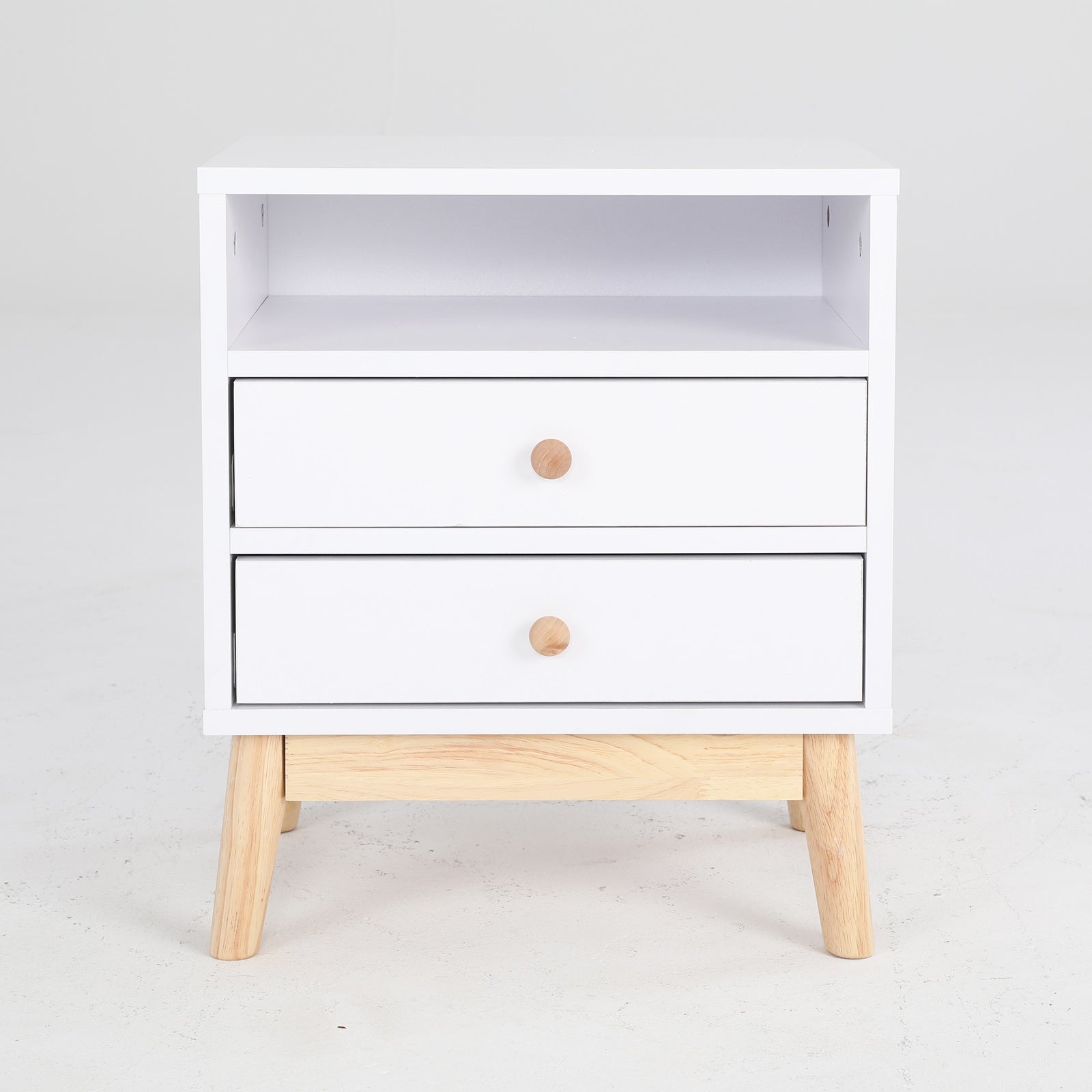 White 2-Drawer Bedside Table with Shelf, Rubberwood Legs