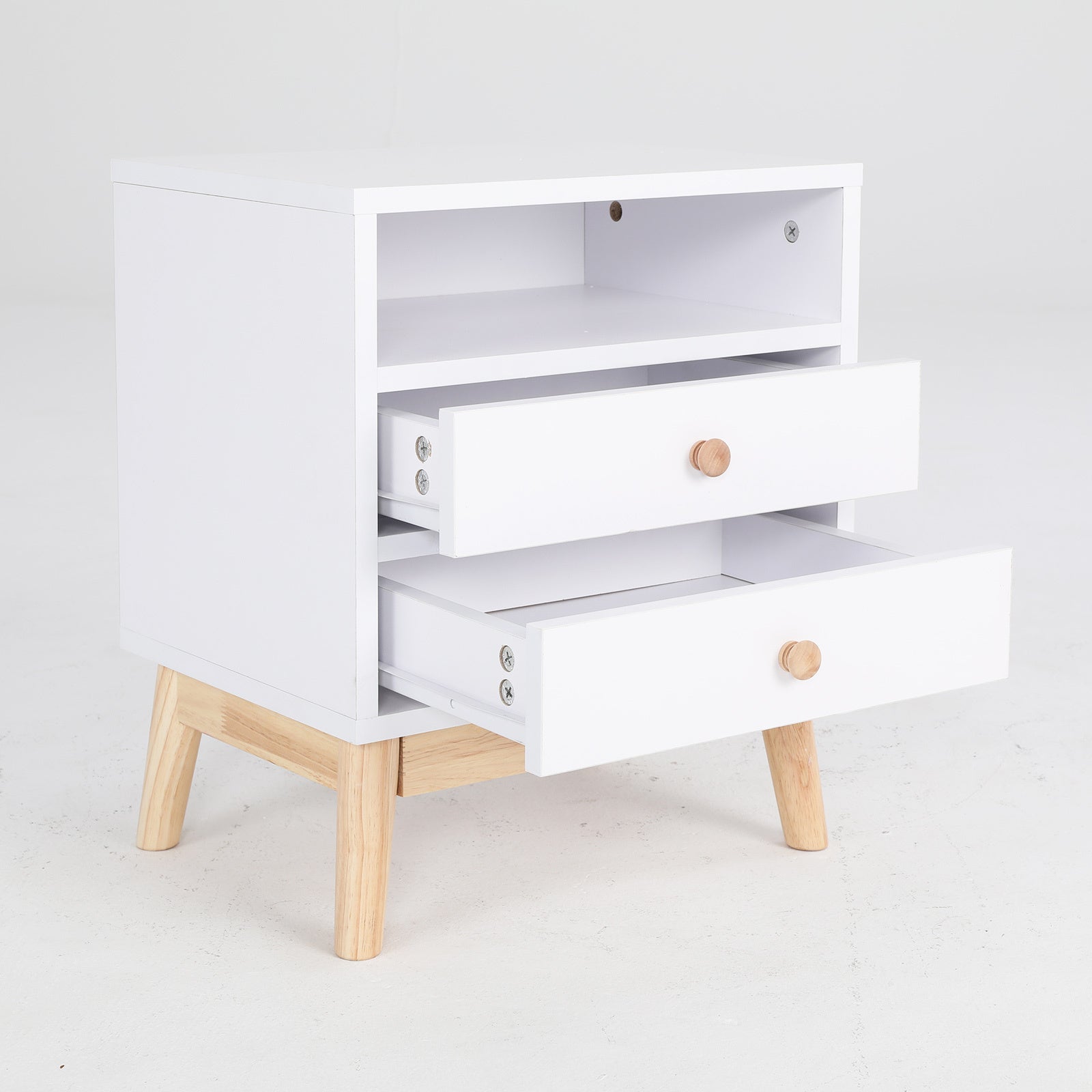 White 2-Drawer Bedside Table with Shelf, Rubberwood Legs