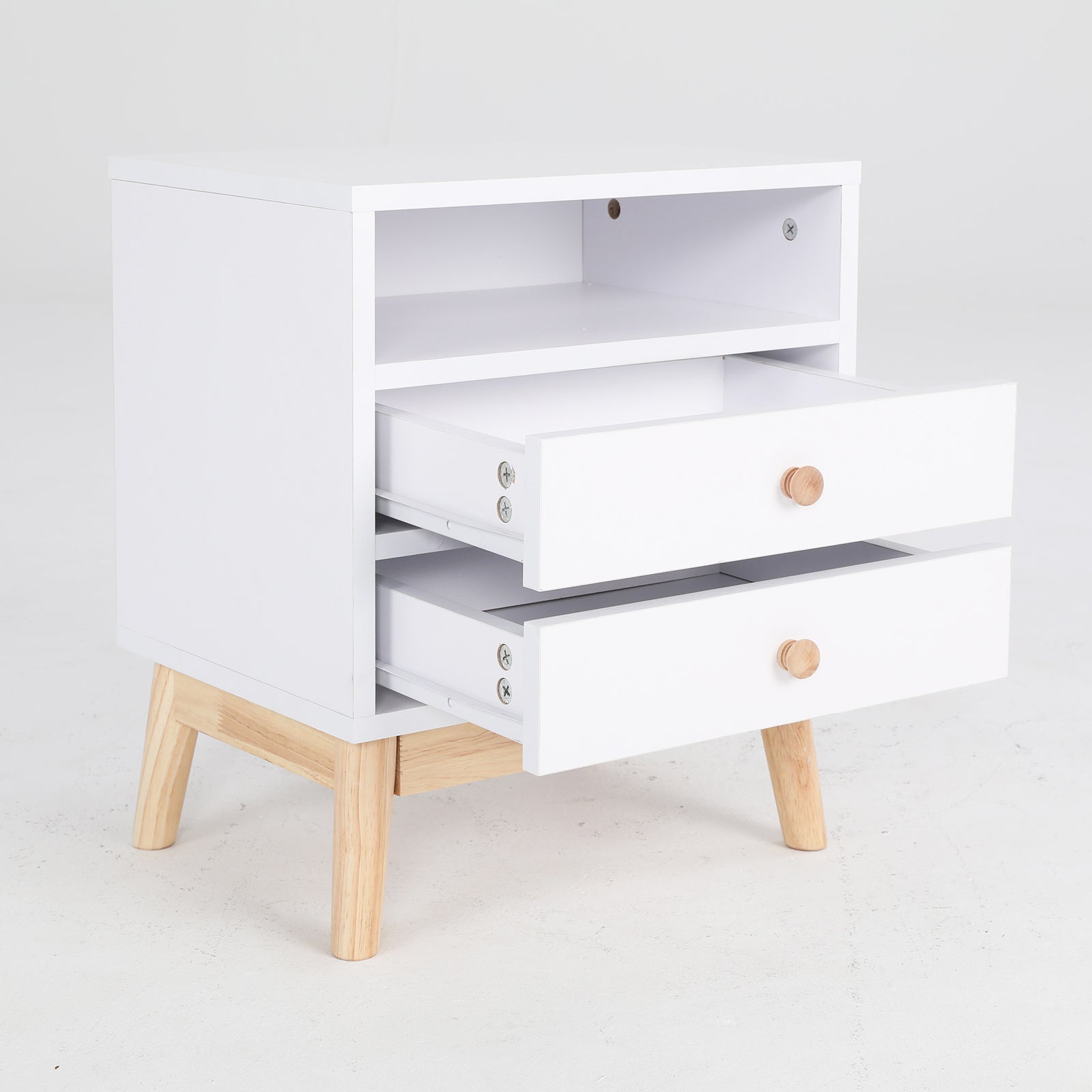 White 2-Drawer Bedside Table with Shelf, Rubberwood Legs