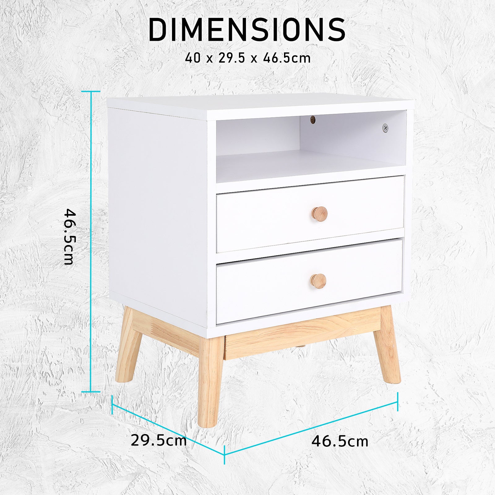 White 2-Drawer Bedside Table with Shelf, Rubberwood Legs