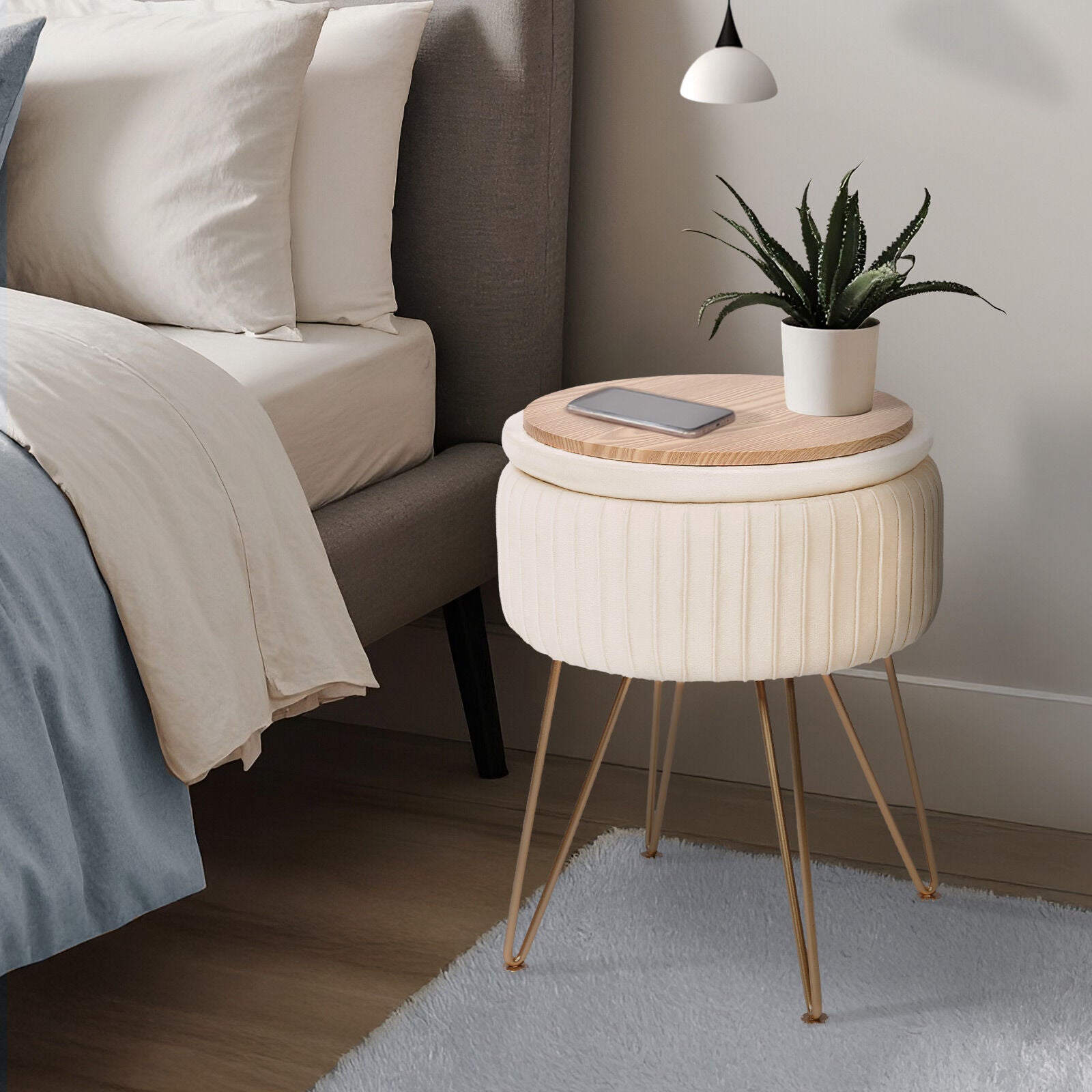 Side Table Storage Ottoman - Velvet Padded Stool Vanity Footstool REMY CREAM BEIGE