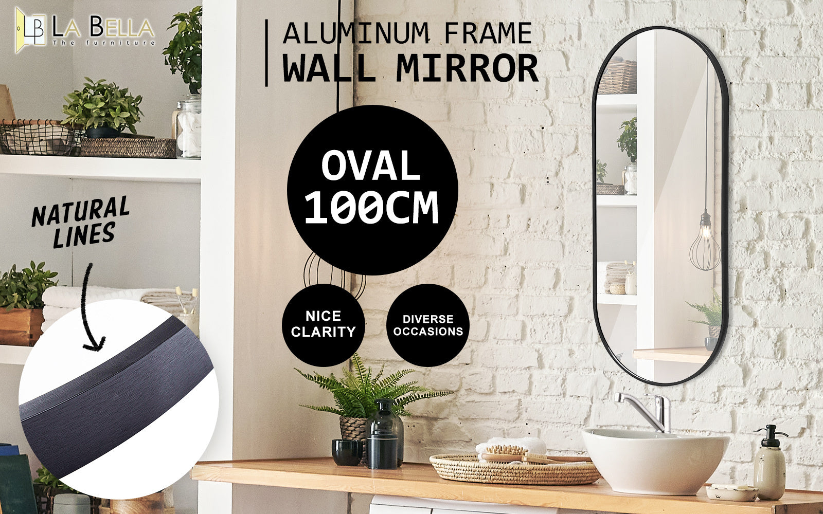 Waterproof Oval Wall Mirror 45x100cm - Aluminum Frame