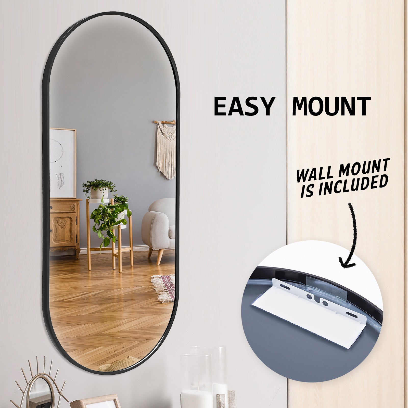 Waterproof Oval Wall Mirror 45x100cm - Aluminum Frame