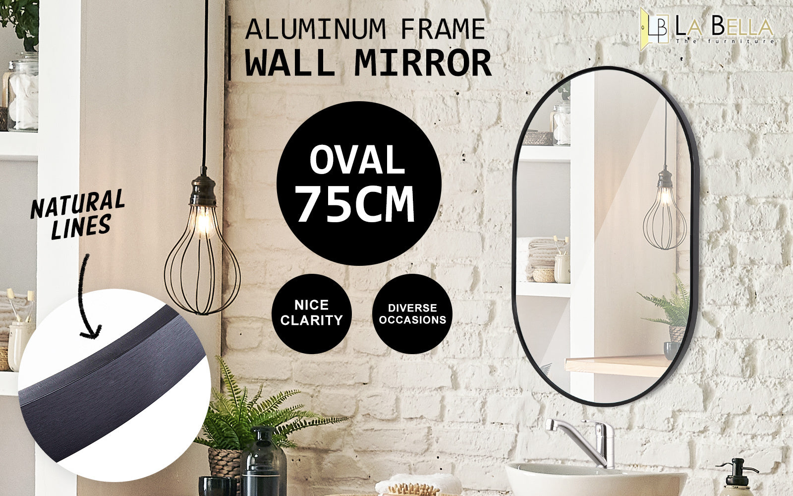 Waterproof Oval Wall Mirror Aluminum Frame 50x75cm