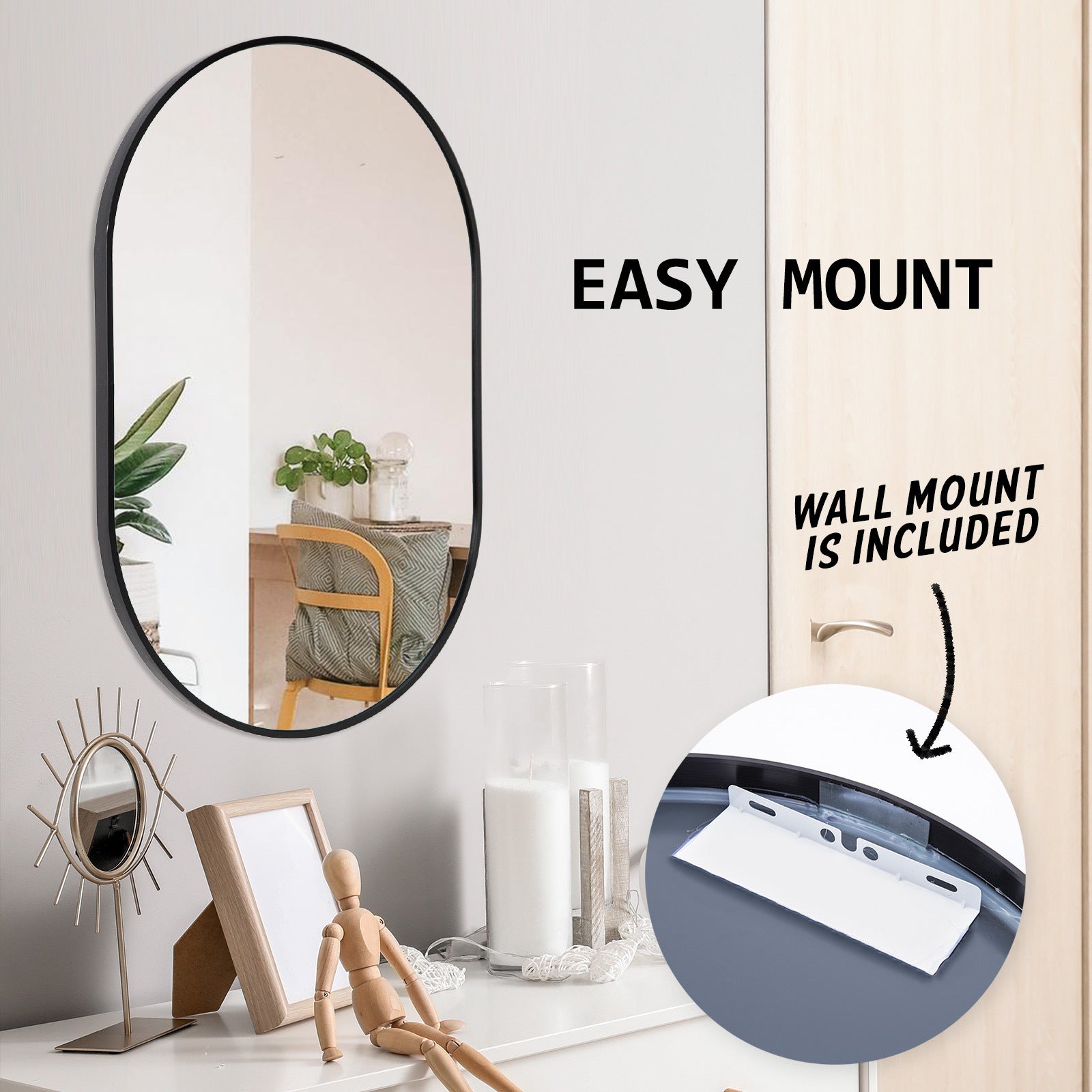 Waterproof Oval Wall Mirror Aluminum Frame 50x75cm