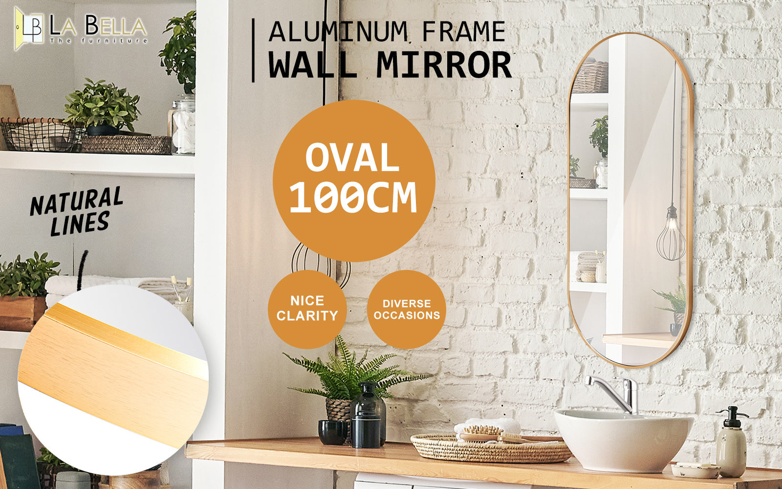 Waterproof Oval Mirror with Aluminum Frame, 45x100cm, La Bella