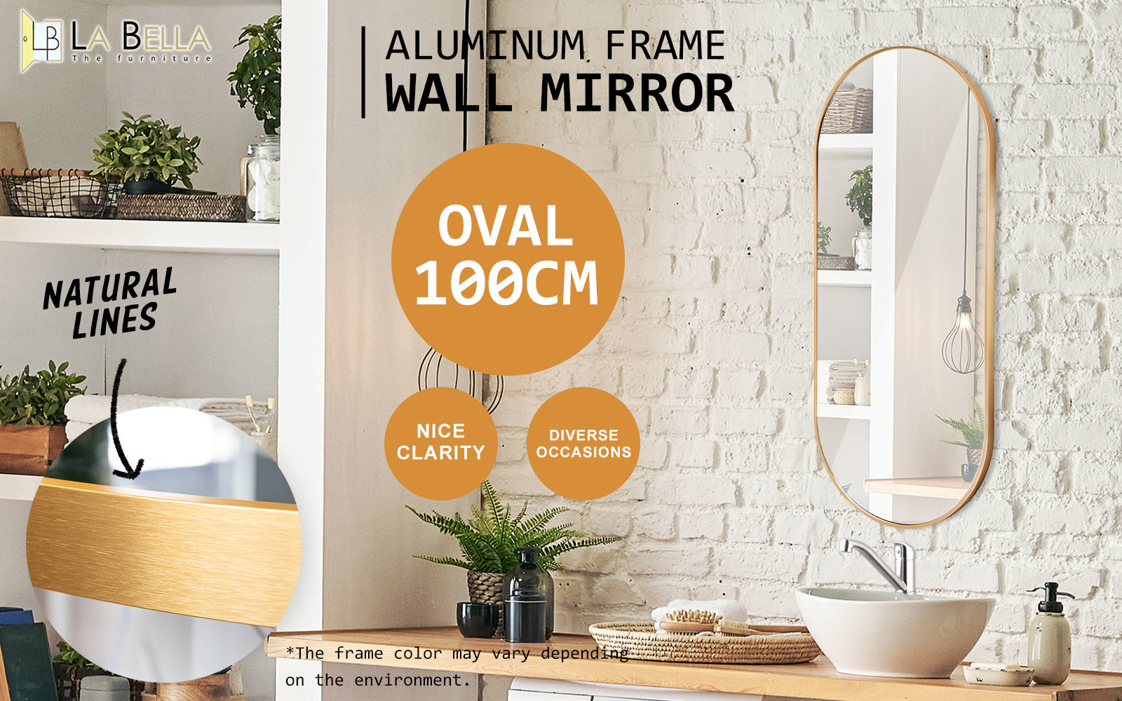 Waterproof Oval Wall Mirror Set, Aluminum Frame 45x100cm - La Bella