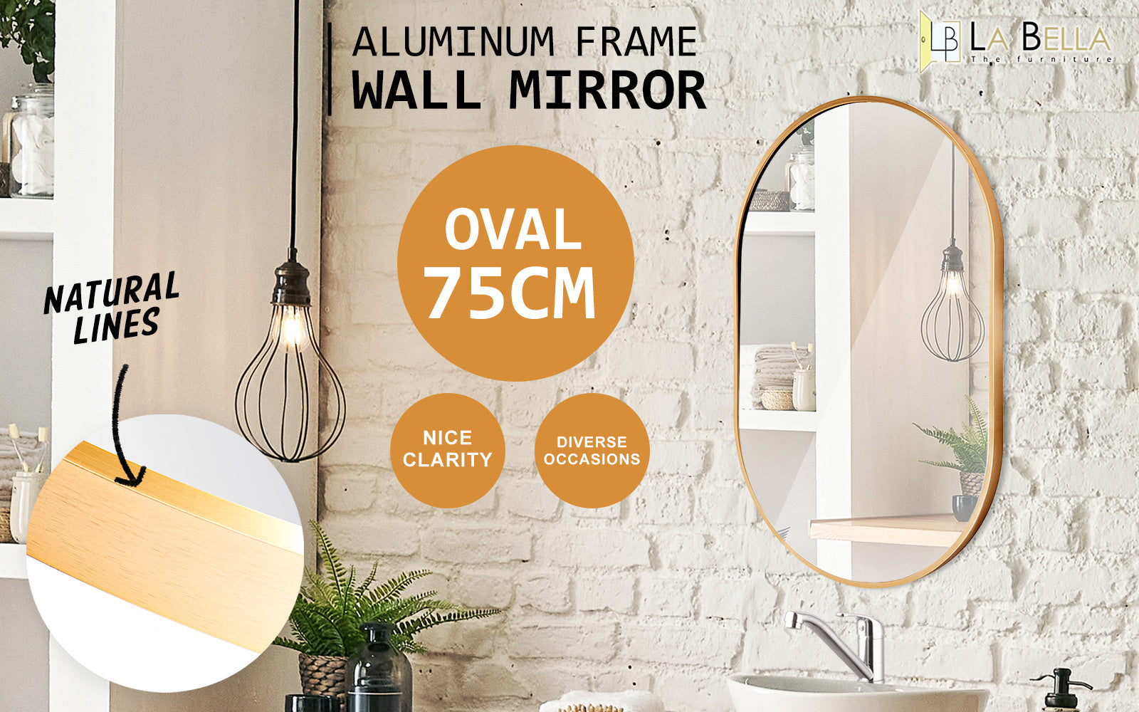 Waterproof Oval Wall Mirror 50x75cm - Aluminum Frame, La Bella