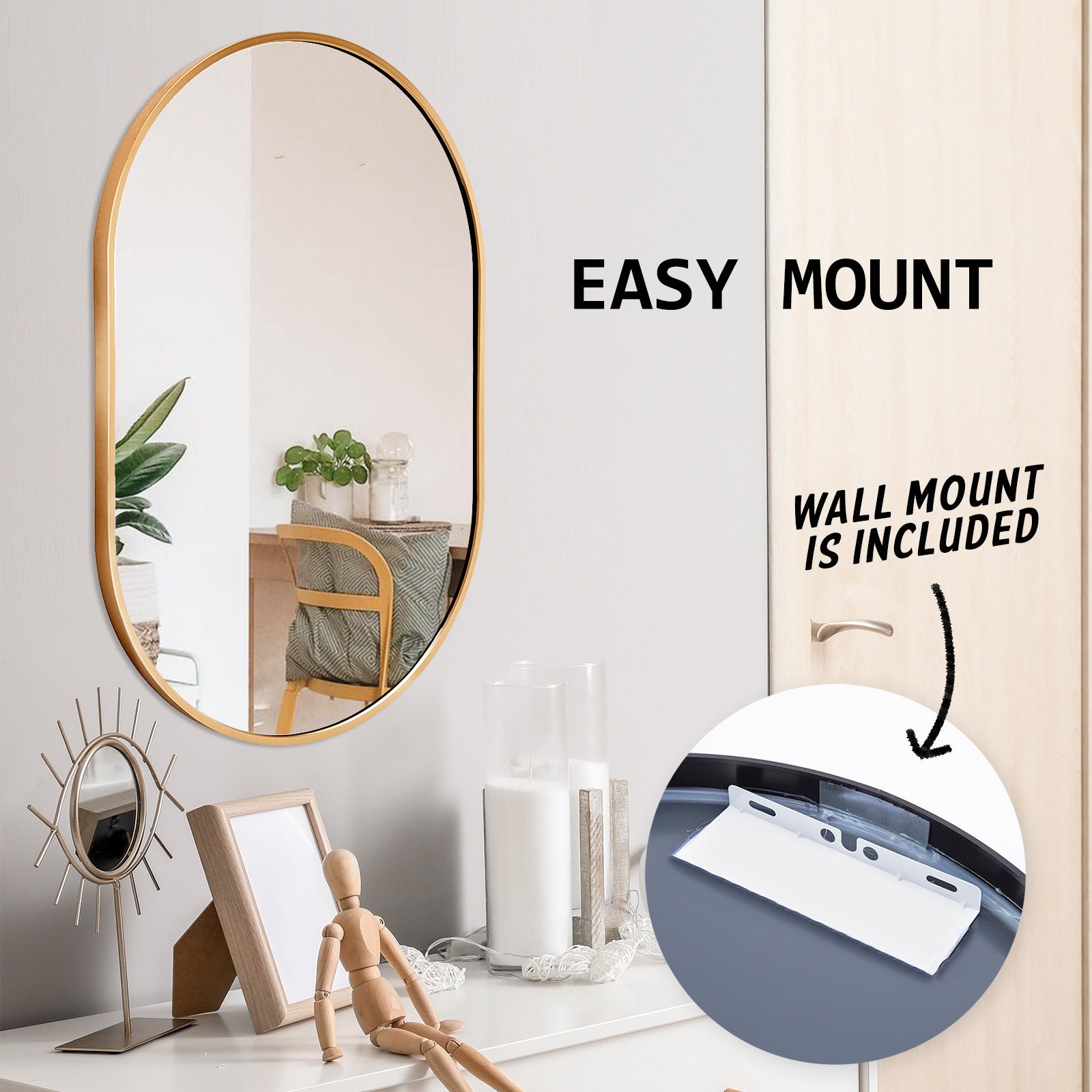 Waterproof Oval Wall Mirror 50x75cm - Aluminum Frame, La Bella