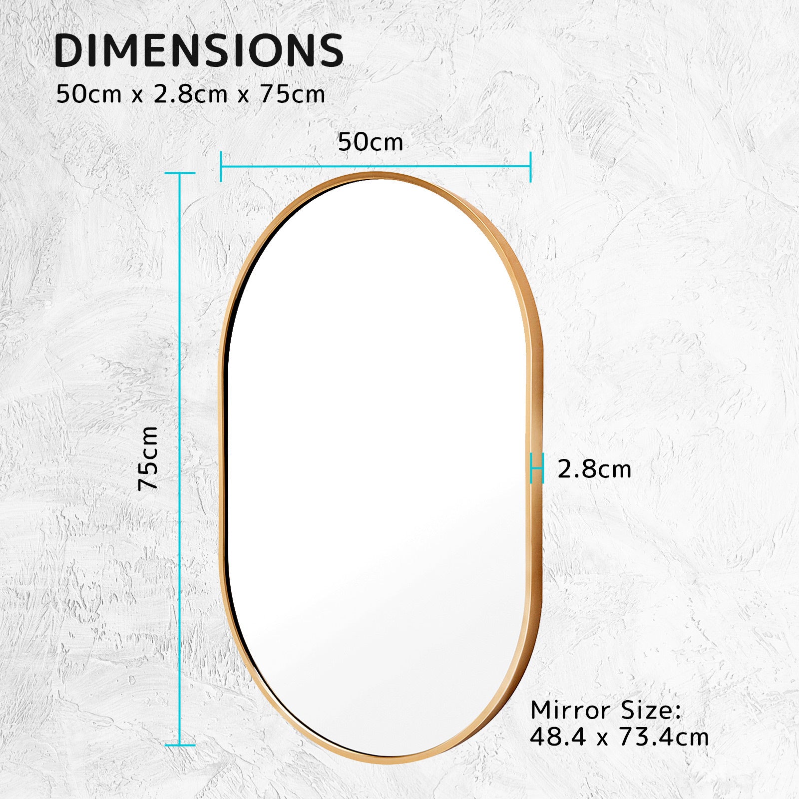 Waterproof Oval Wall Mirror 50x75cm - Aluminum Frame, La Bella