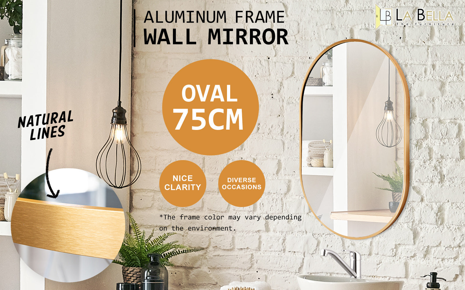 Waterproof Oval Aluminum Frame Wall Mirrors Set - 50x75cm Gold