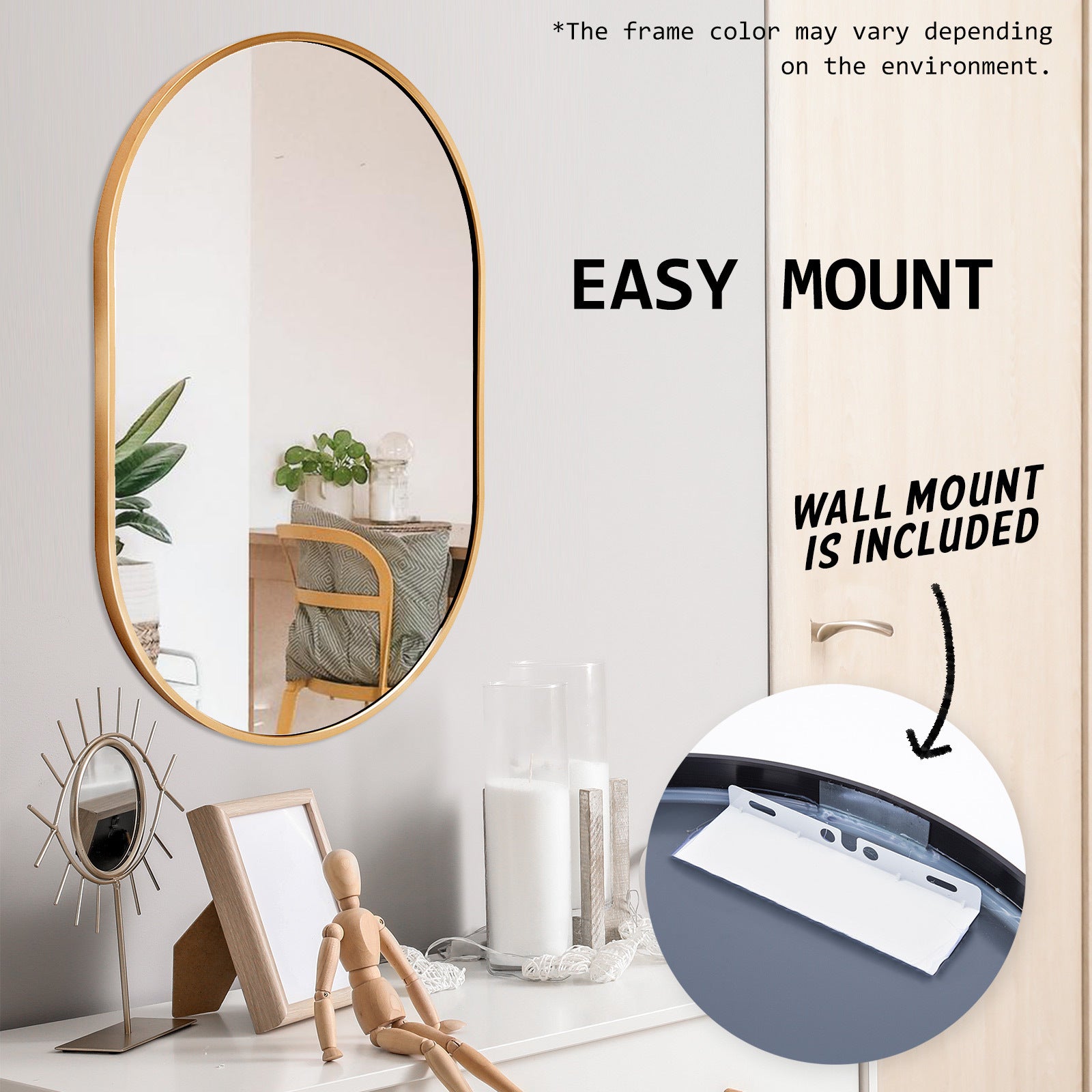 Waterproof Oval Aluminum Frame Wall Mirrors Set - 50x75cm Gold