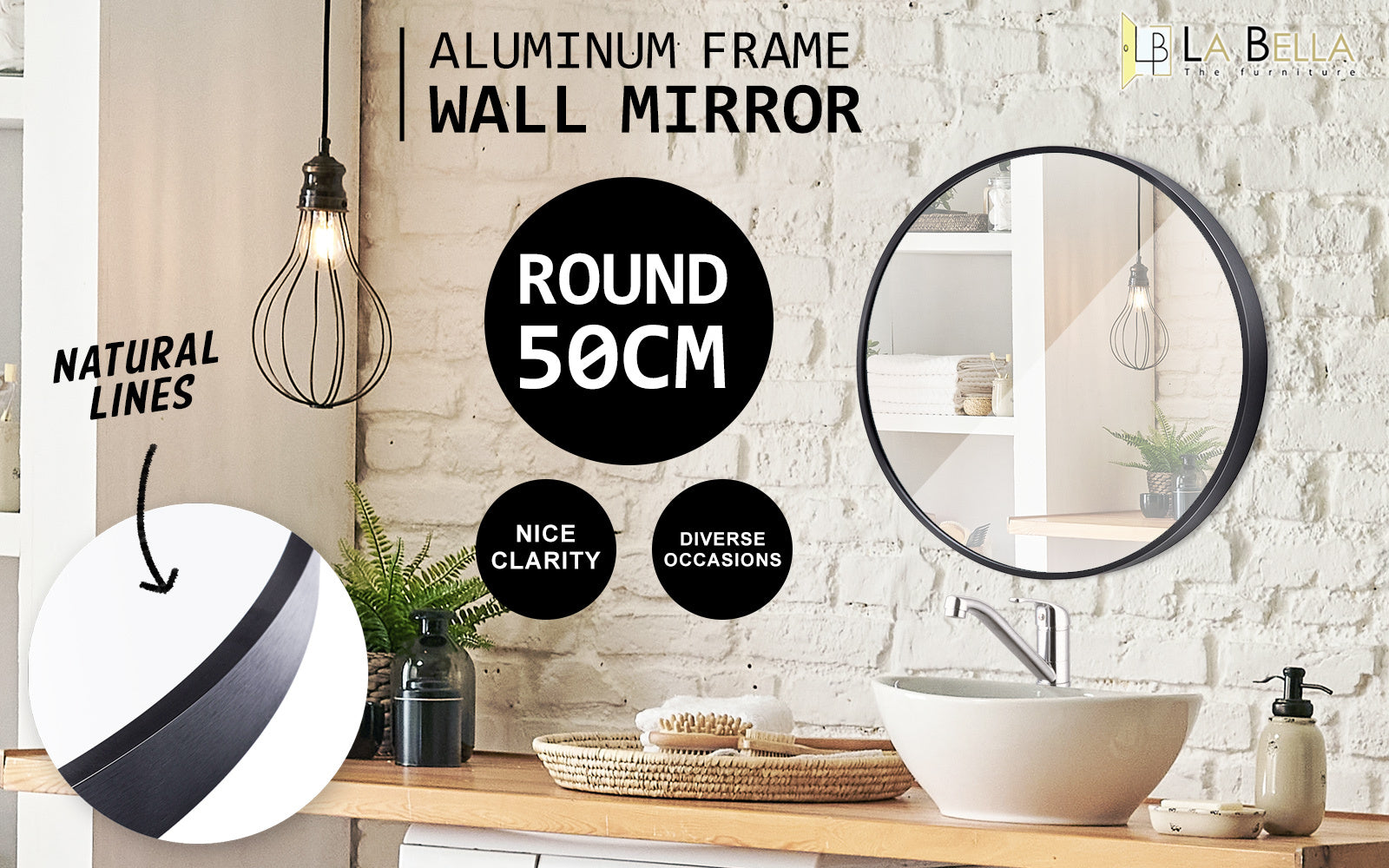 Round Wall Mirror 50cm Alu Frame for Bathroom - La Bella