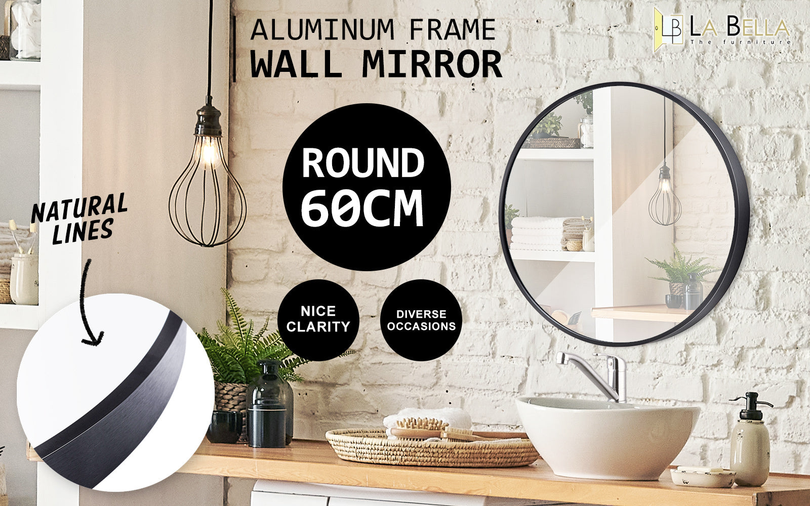 Modern Chic Round Wall Mirrors 60cm Black Aluminum Frame Set