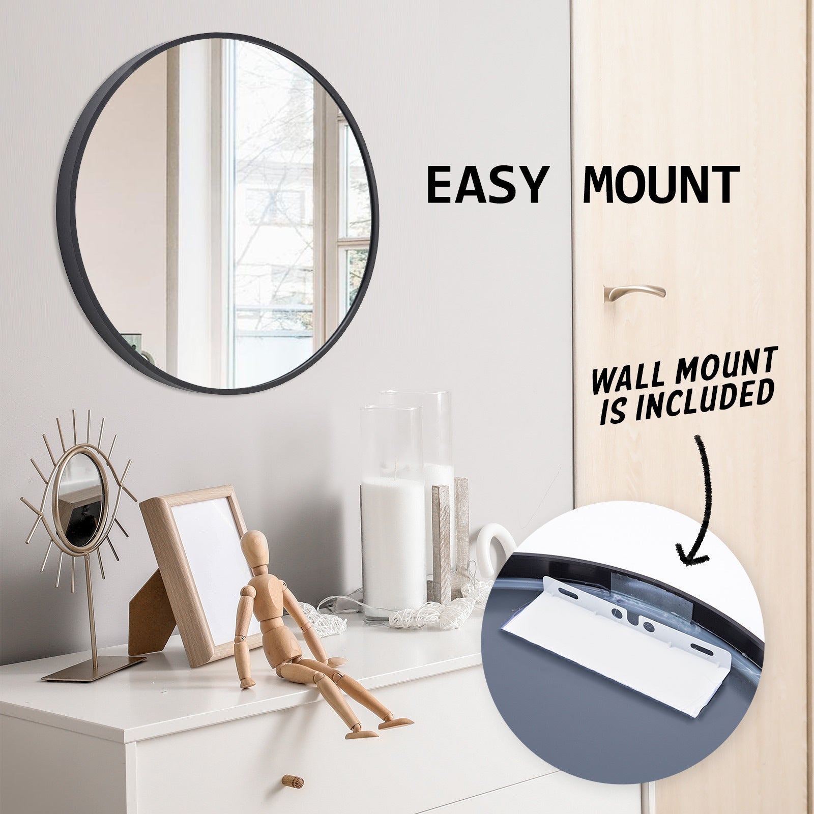 Modern Chic Round Wall Mirrors 60cm Black Aluminum Frame Set