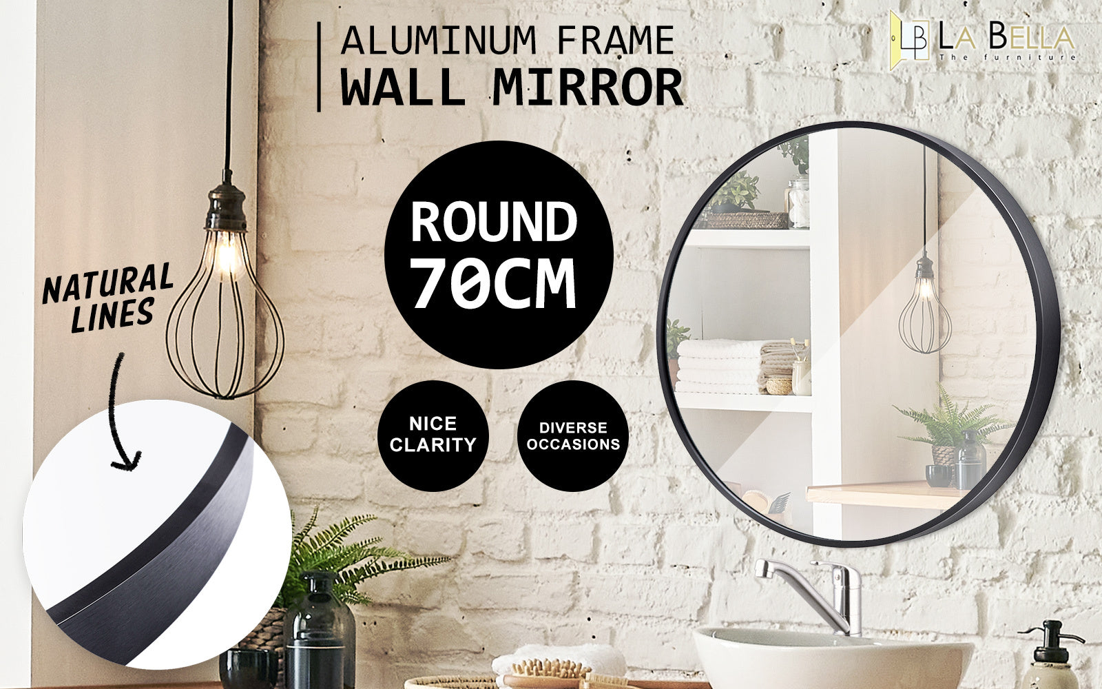 Modern Round 70cm Wall Mirror, Black Aluminum Frame