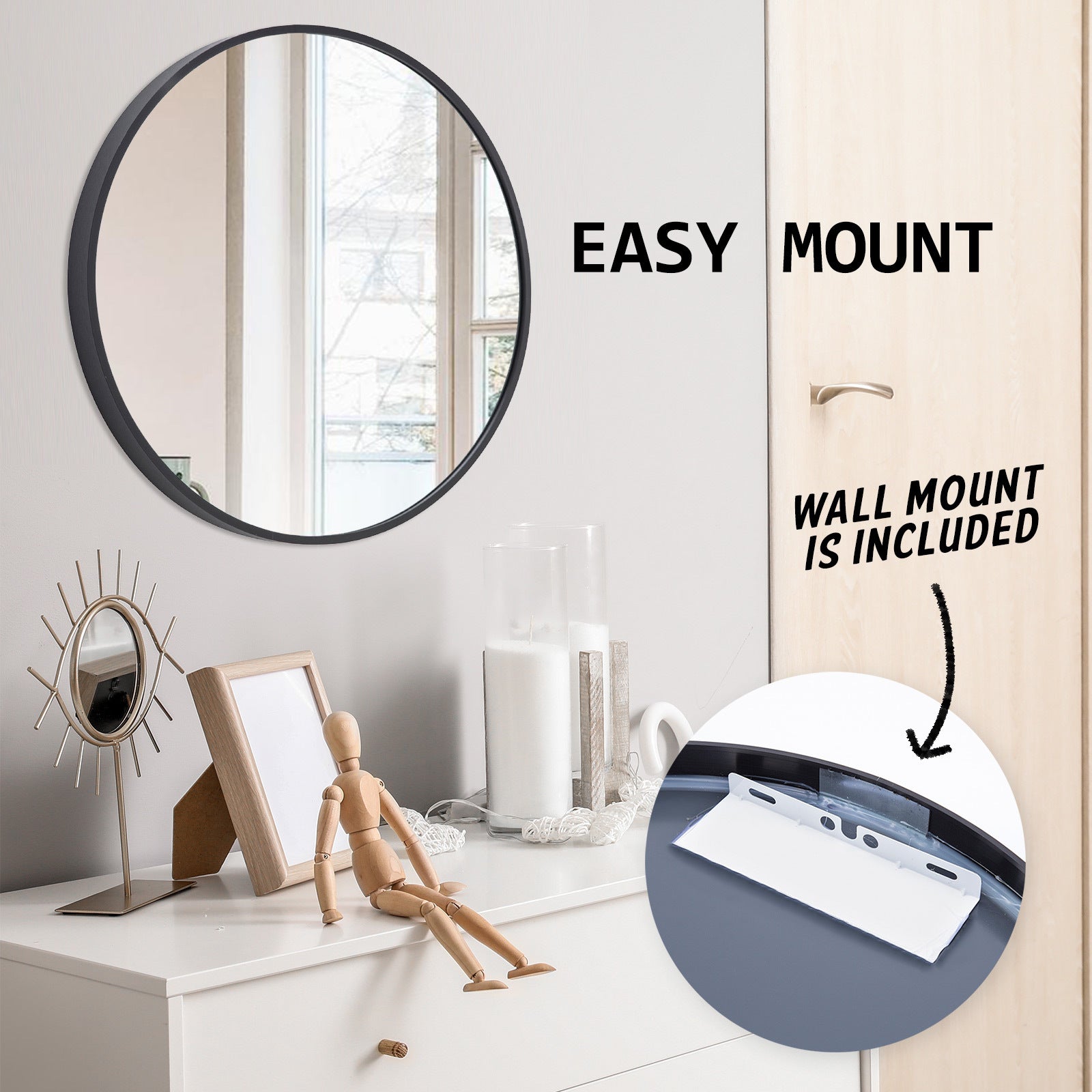 Modern Round 70cm Wall Mirror, Black Aluminum Frame