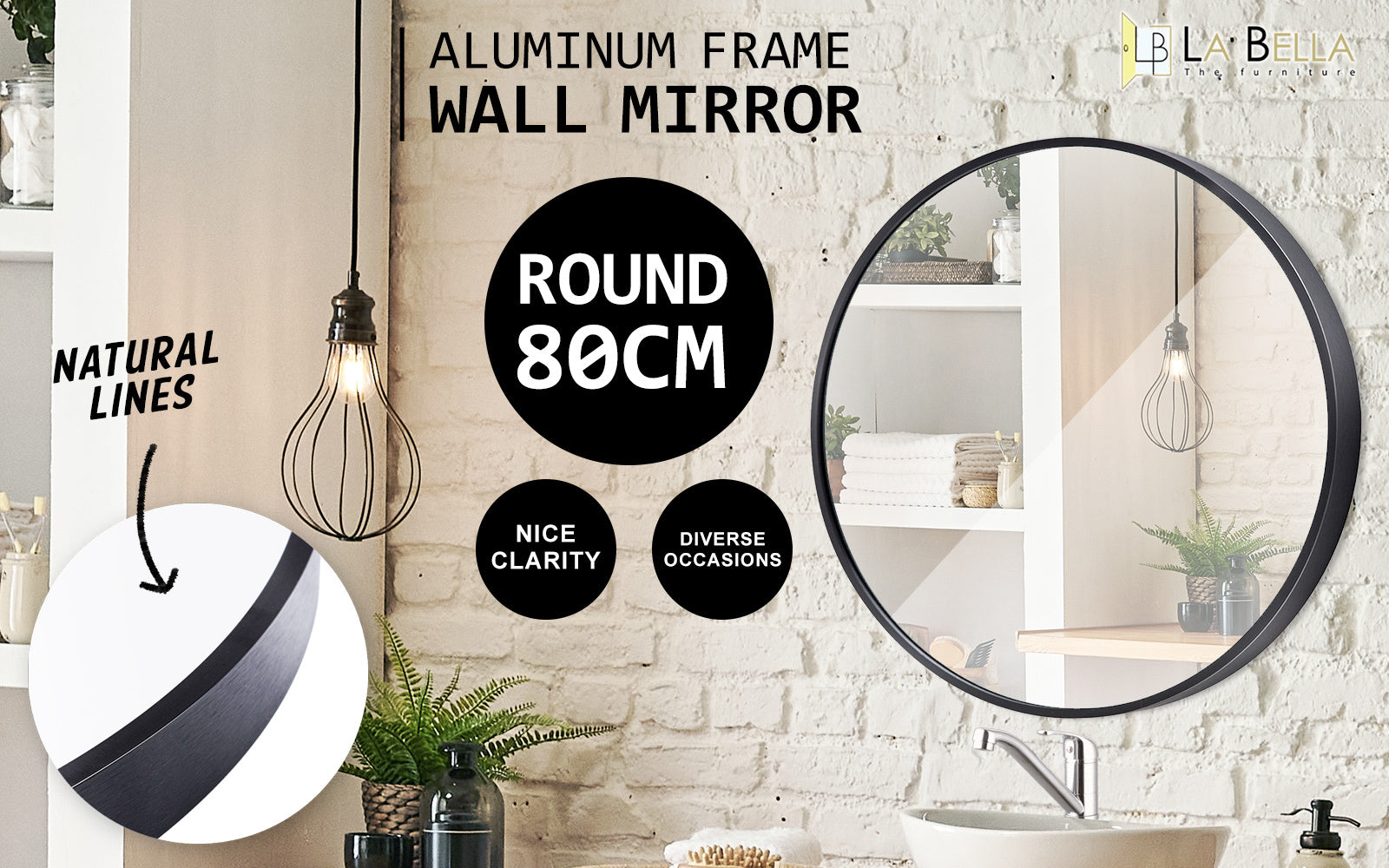 80cm Black Round Wall Mirror, Aluminum Frame, La Bella