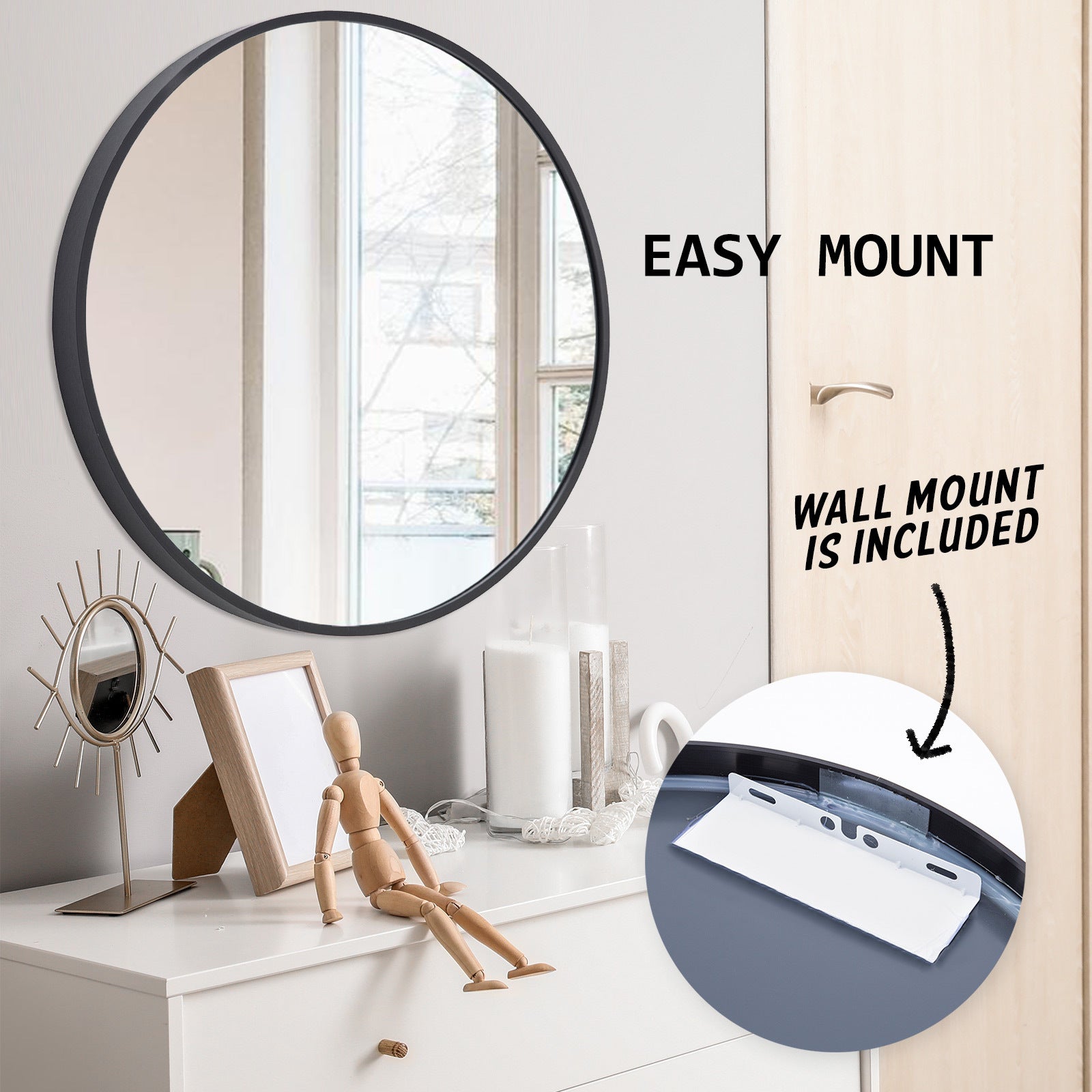 80cm Black Round Wall Mirror, Aluminum Frame, La Bella