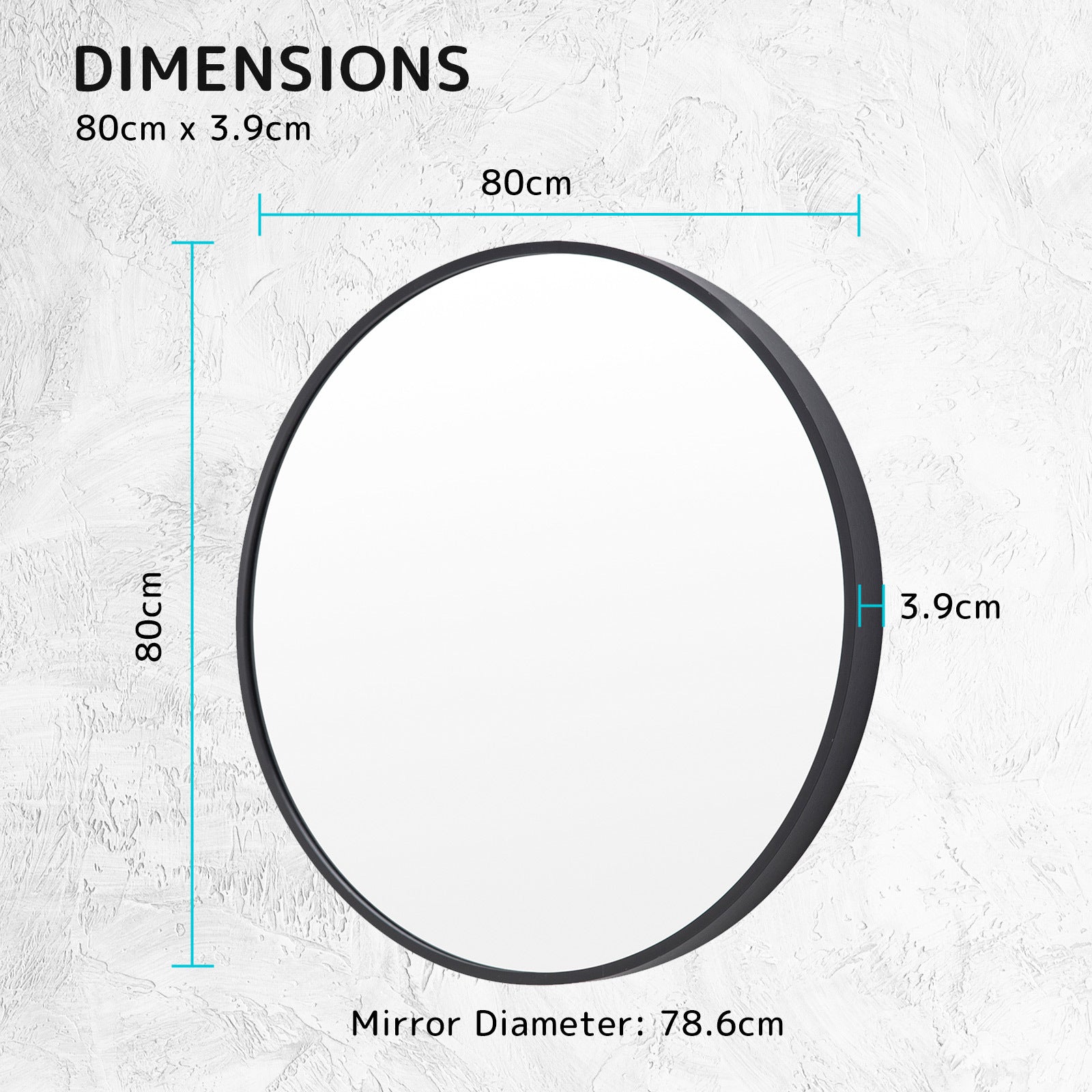 80cm Black Round Wall Mirror, Aluminum Frame, La Bella