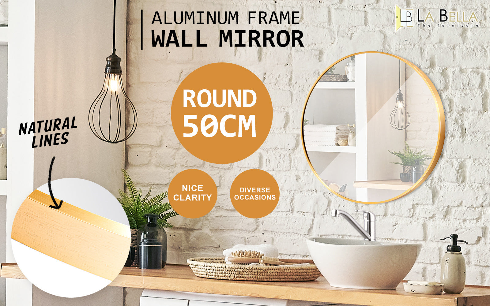 Modern Round Gold Wall Mirror, 50cm, Aluminum Frame