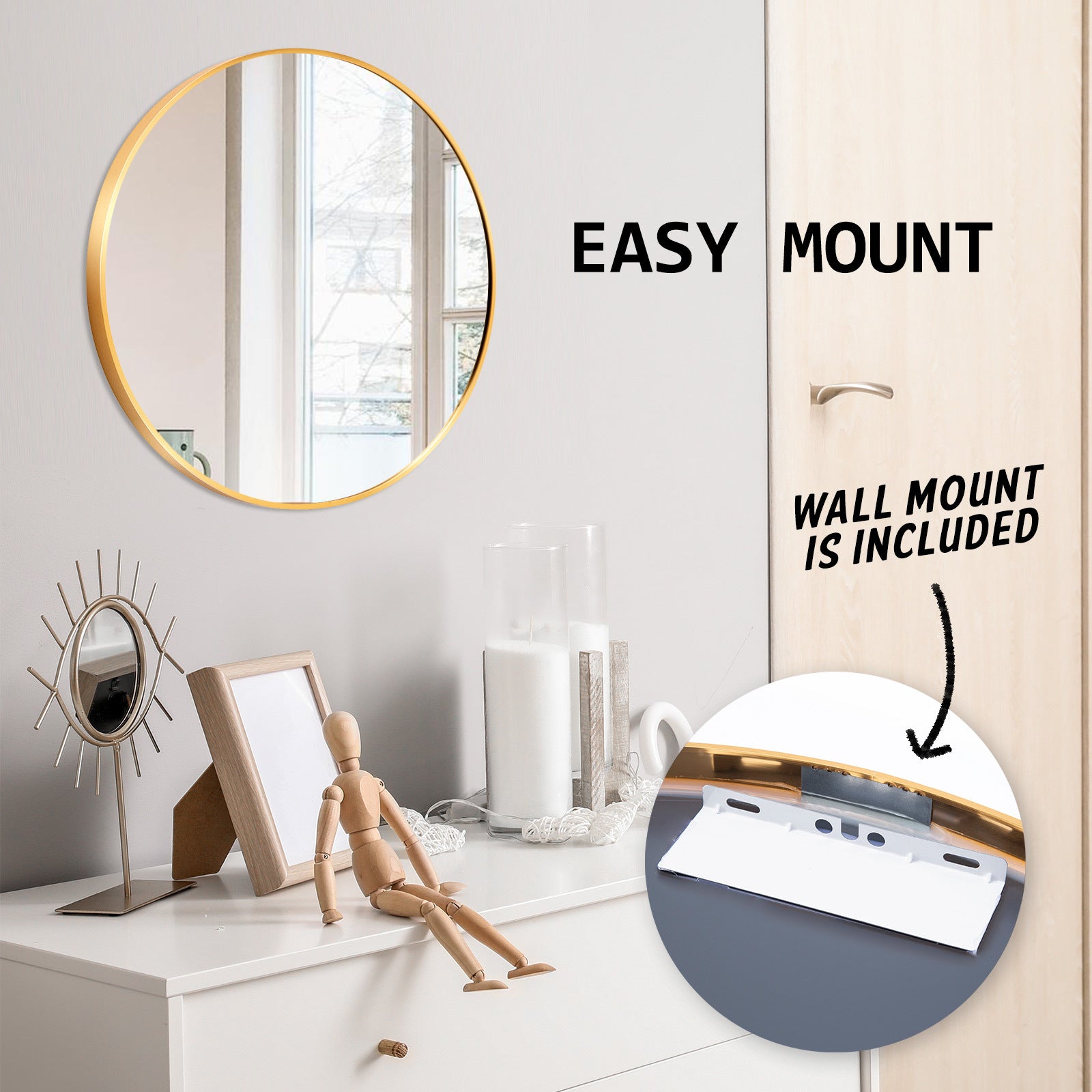 Modern Round Gold Wall Mirror, 50cm, Aluminum Frame