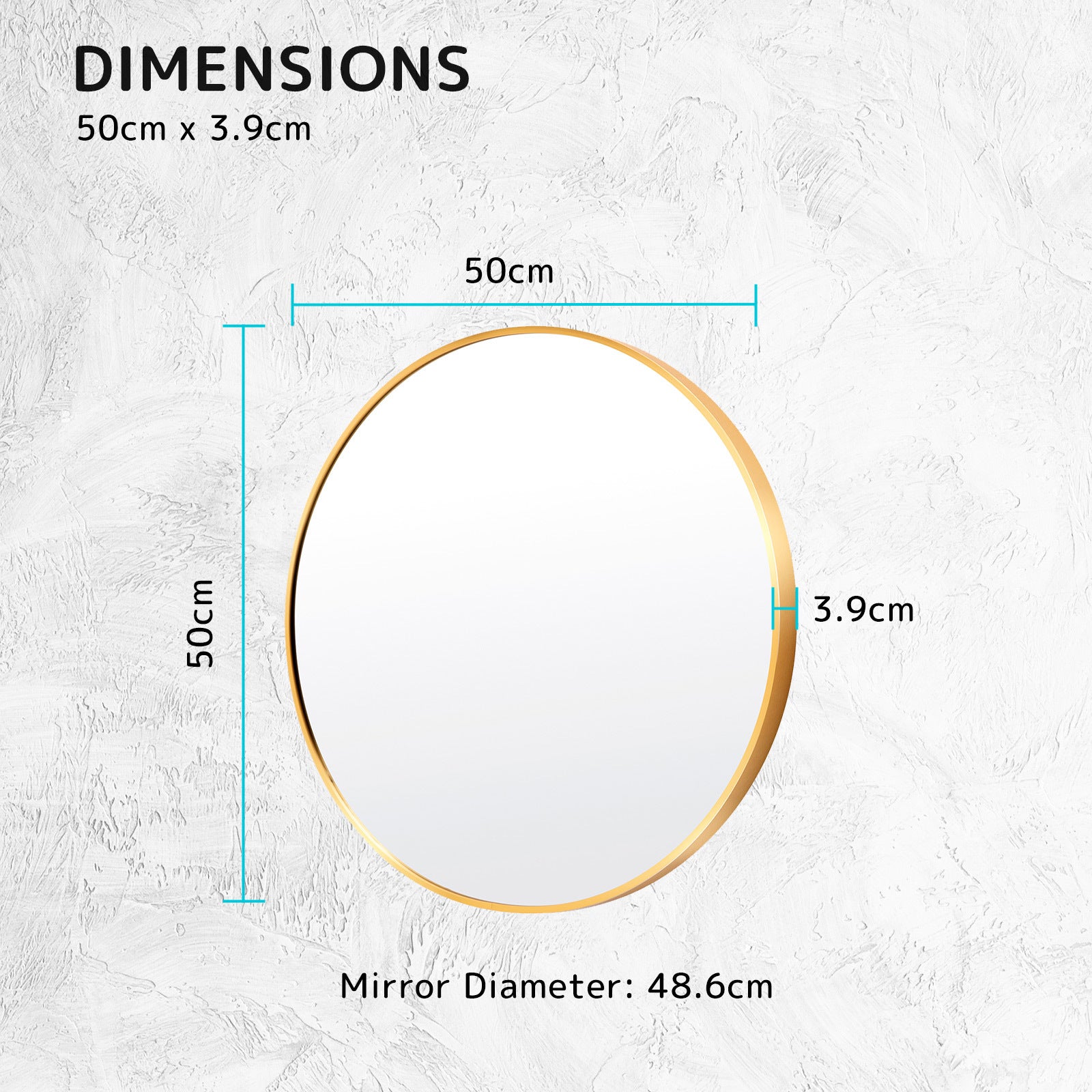 Modern Round Gold Wall Mirror, 50cm, Aluminum Frame