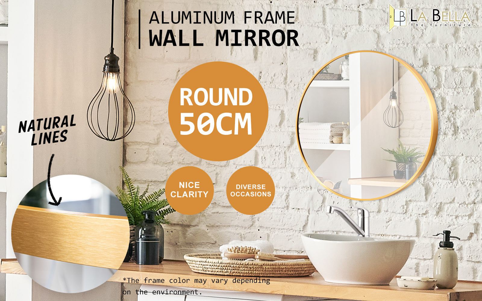 2 Round Wall Mirrors, Aluminum Frame 50cm - La Bella