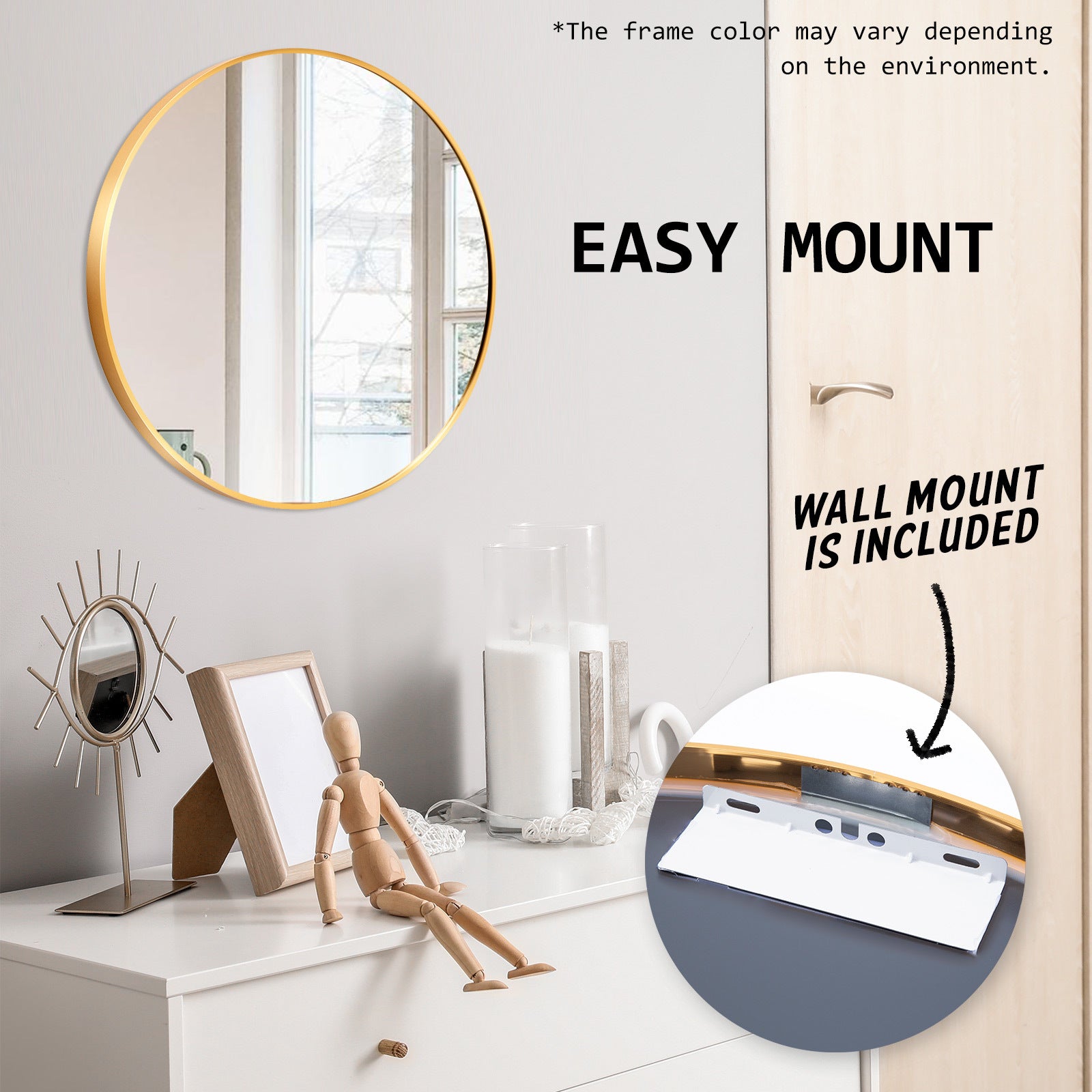 2 Round Wall Mirrors, Aluminum Frame 50cm - La Bella