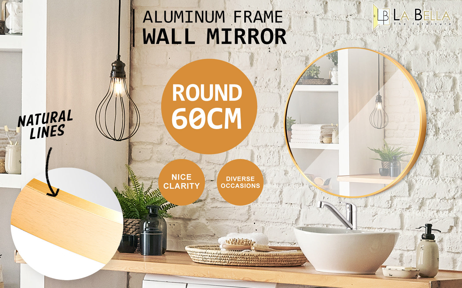 Gold Round Wall Mirror 60cm, Aluminum Frame, La Bella