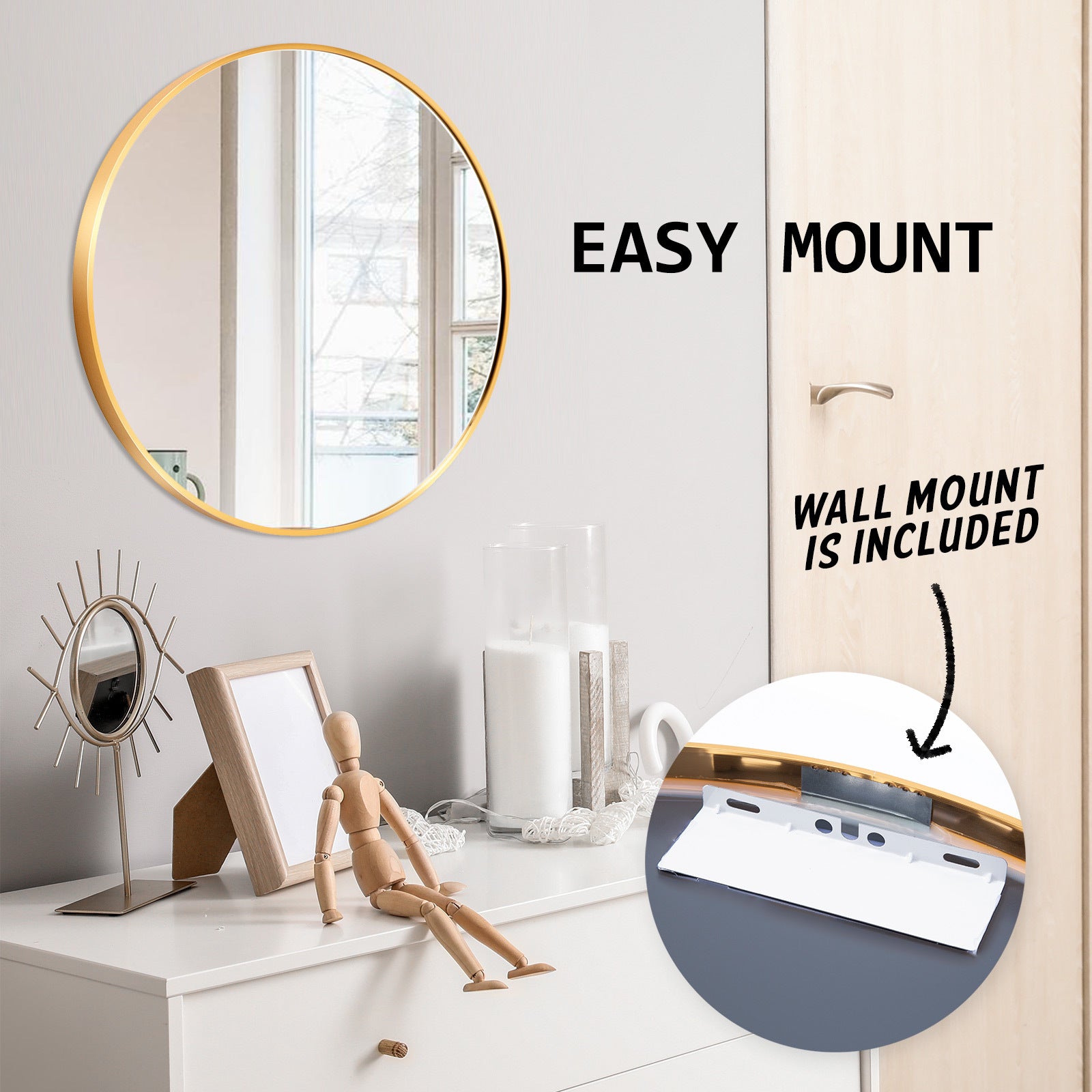 Gold Round Wall Mirror 60cm, Aluminum Frame, La Bella