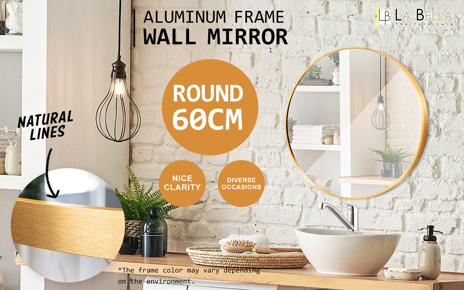 2 Set Round Wall Mirrors 60cm, Aluminum Frame, Gold